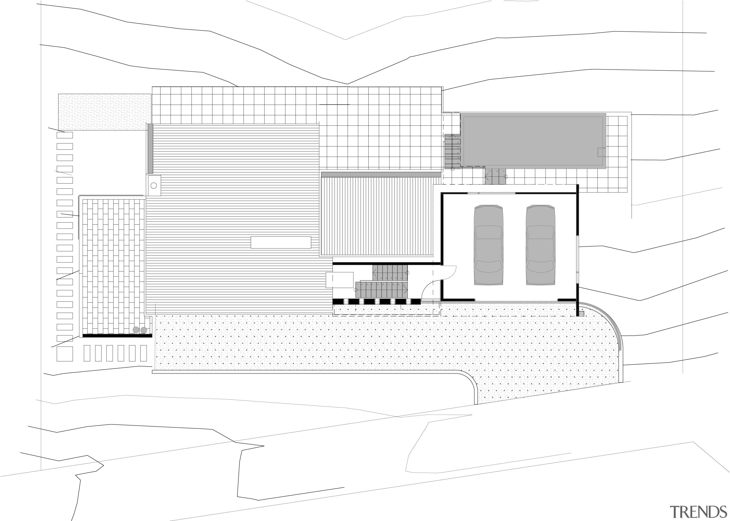 Located on a steep coastal site, this residence architecture, area, black and white, design, diagram, elevation, facade, floor plan, font, home, house, line, plan, product, product design, property, real estate, structure, text, white