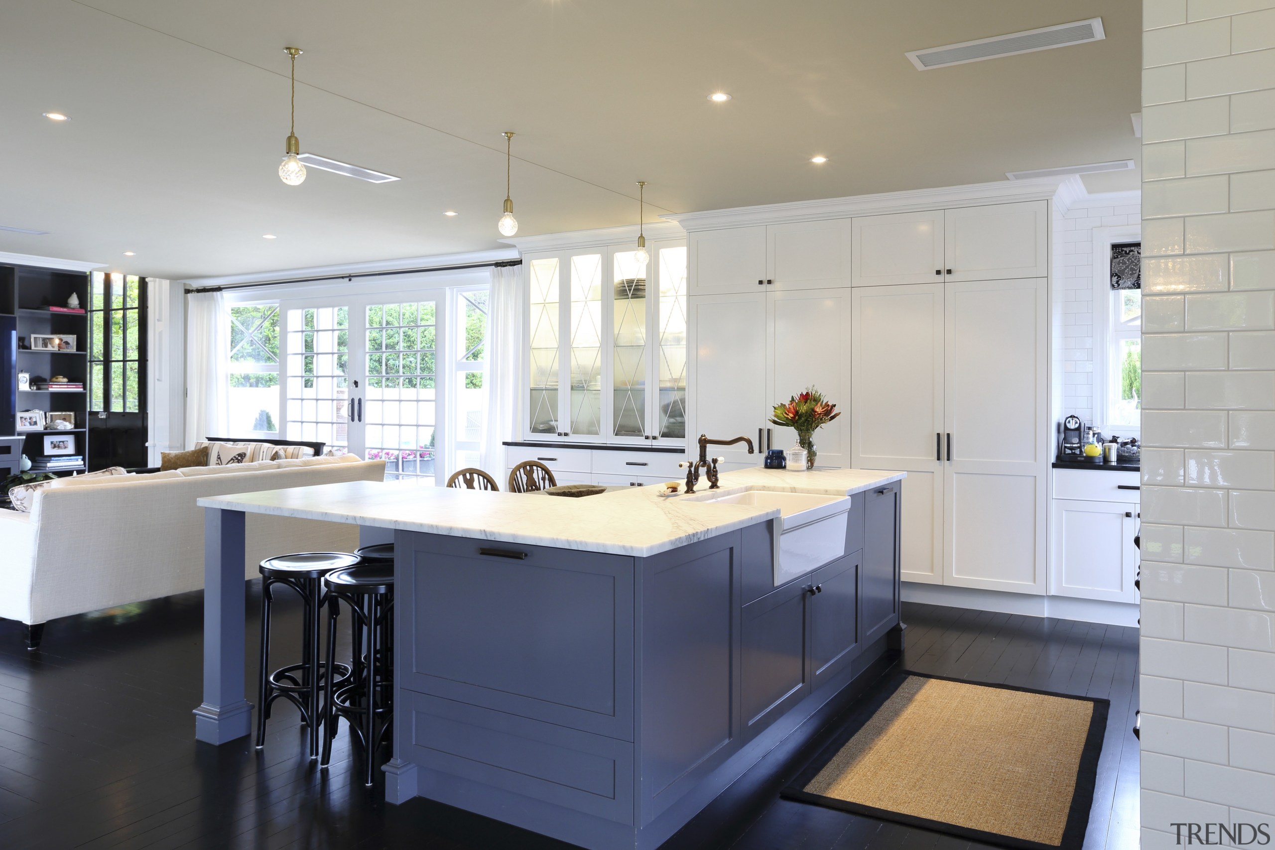 Simple, hand-painted cabinets in dark gray and off-white cabinetry, countertop, cuisine classique, interior design, kitchen, real estate, room, gray