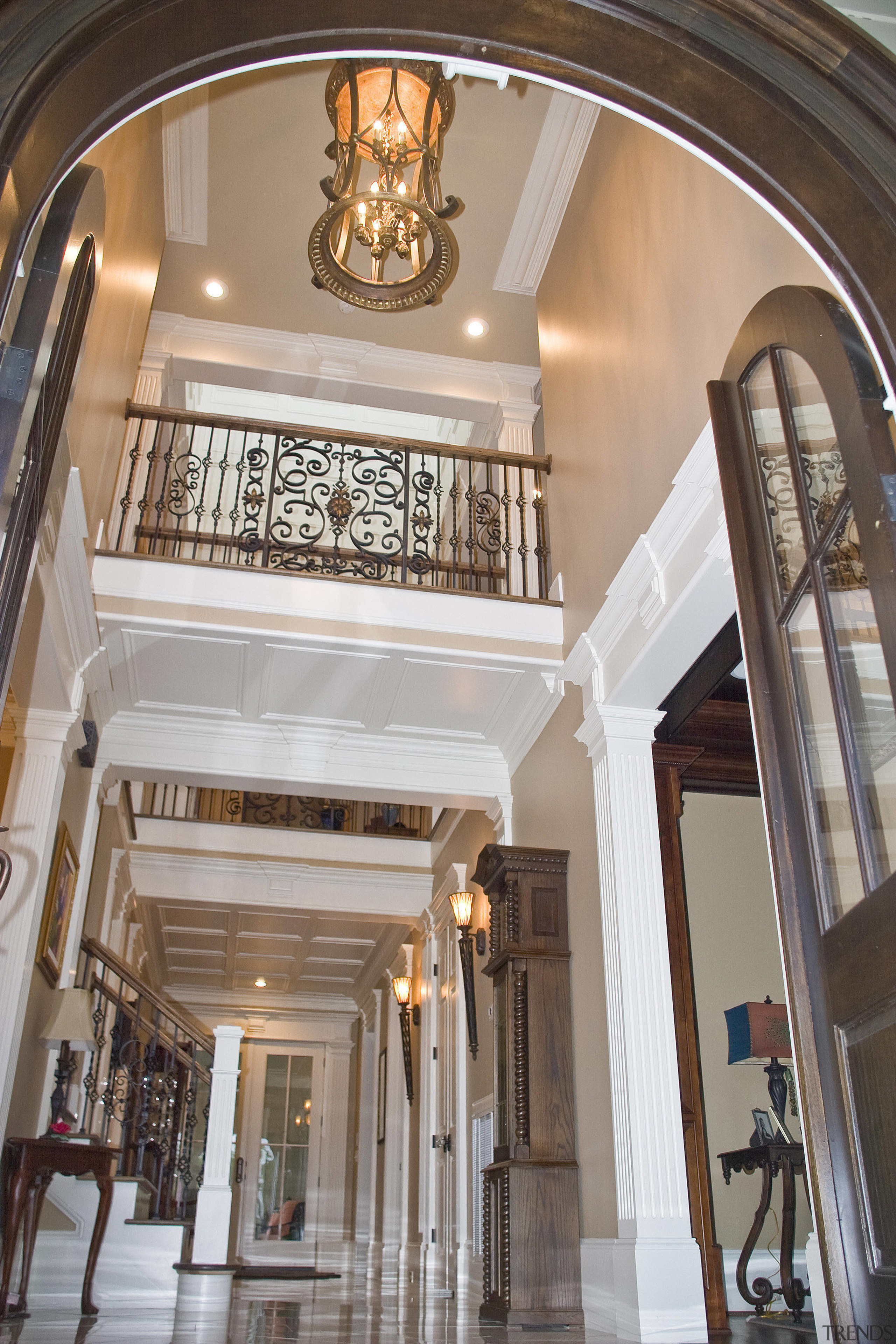 View of homes designed by the American Institute arch, architecture, baluster, ceiling, column, daylighting, estate, home, interior design, lobby, stairs, structure, gray, brown