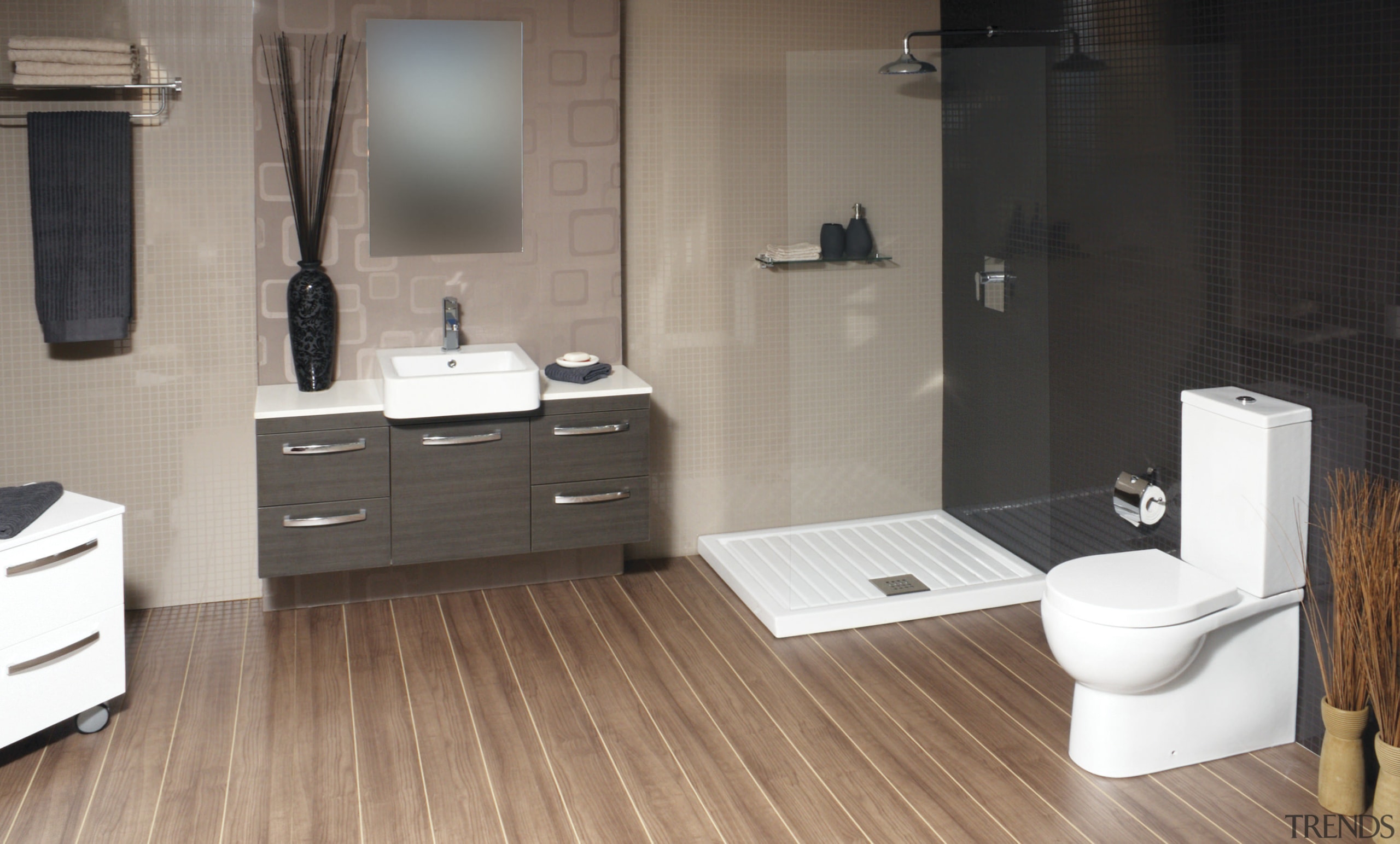 View of a bathroom which features solid-surface countertops bathroom, bathroom accessory, bathroom cabinet, floor, flooring, hardwood, interior design, laminate flooring, plumbing fixture, product, product design, room, sink, tile, wood, wood flooring, gray, black