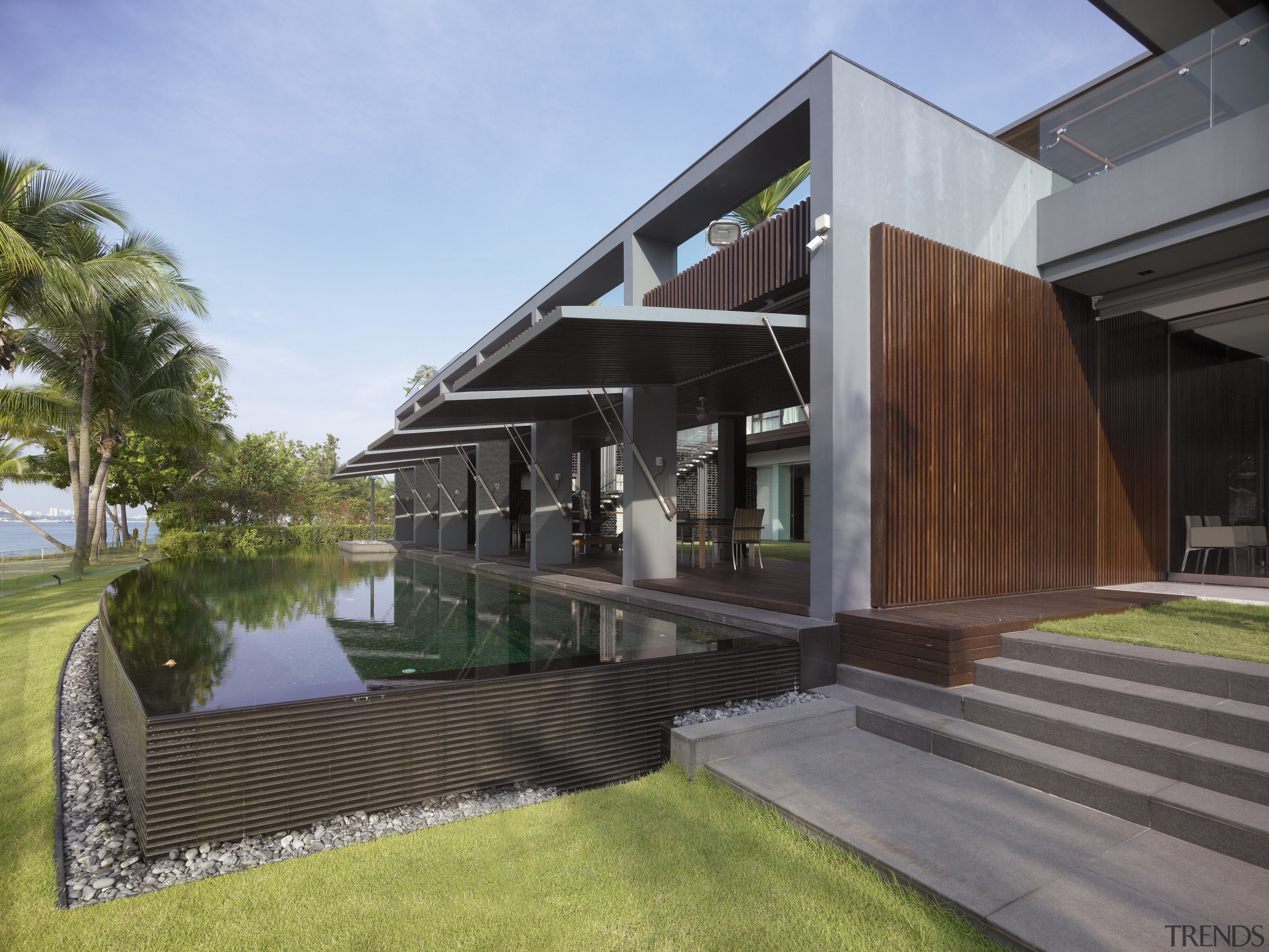 Contemporary home with water feature and courtyard architecture, building, facade, home, house, real estate