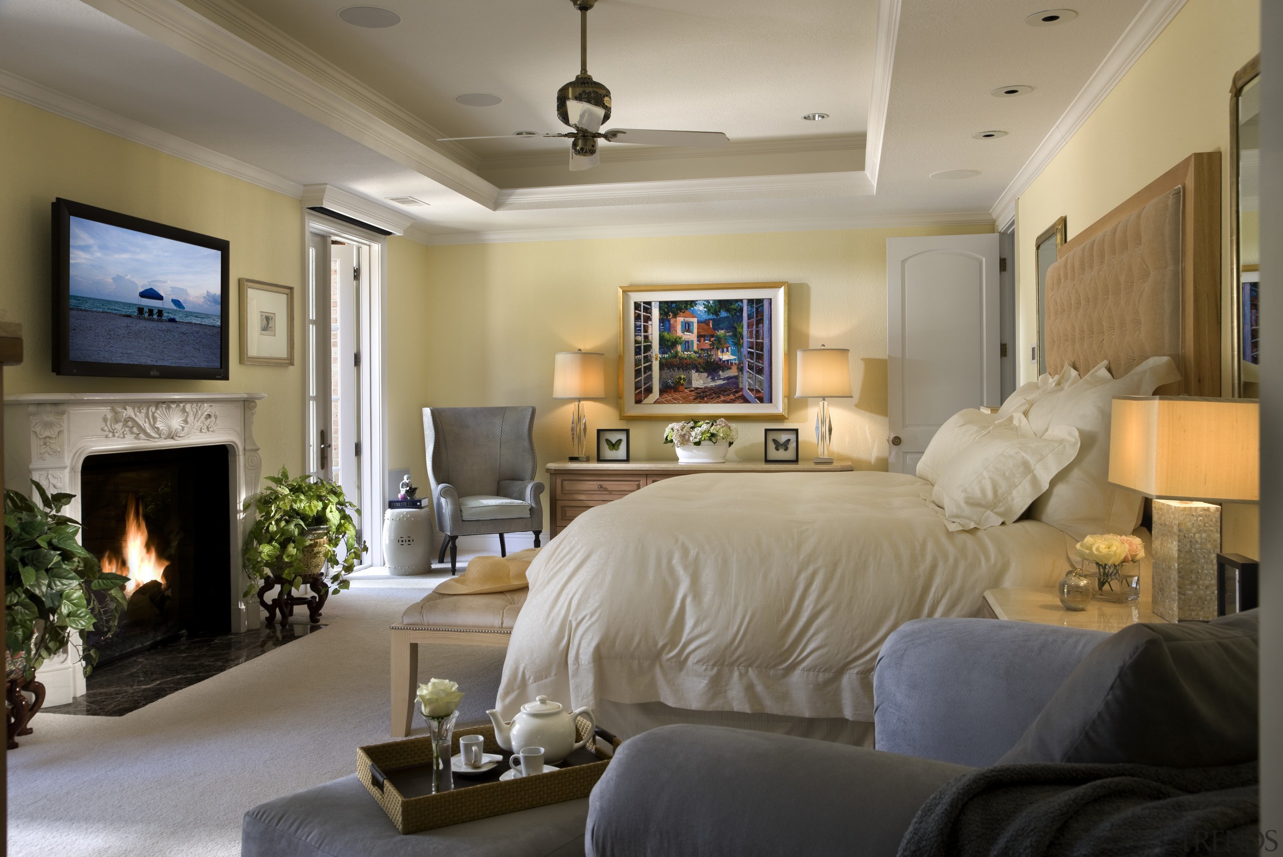 Master bedroom overviewing the furniture &amp; fireplace ceiling, home, interior design, living room, real estate, room, wall, gray