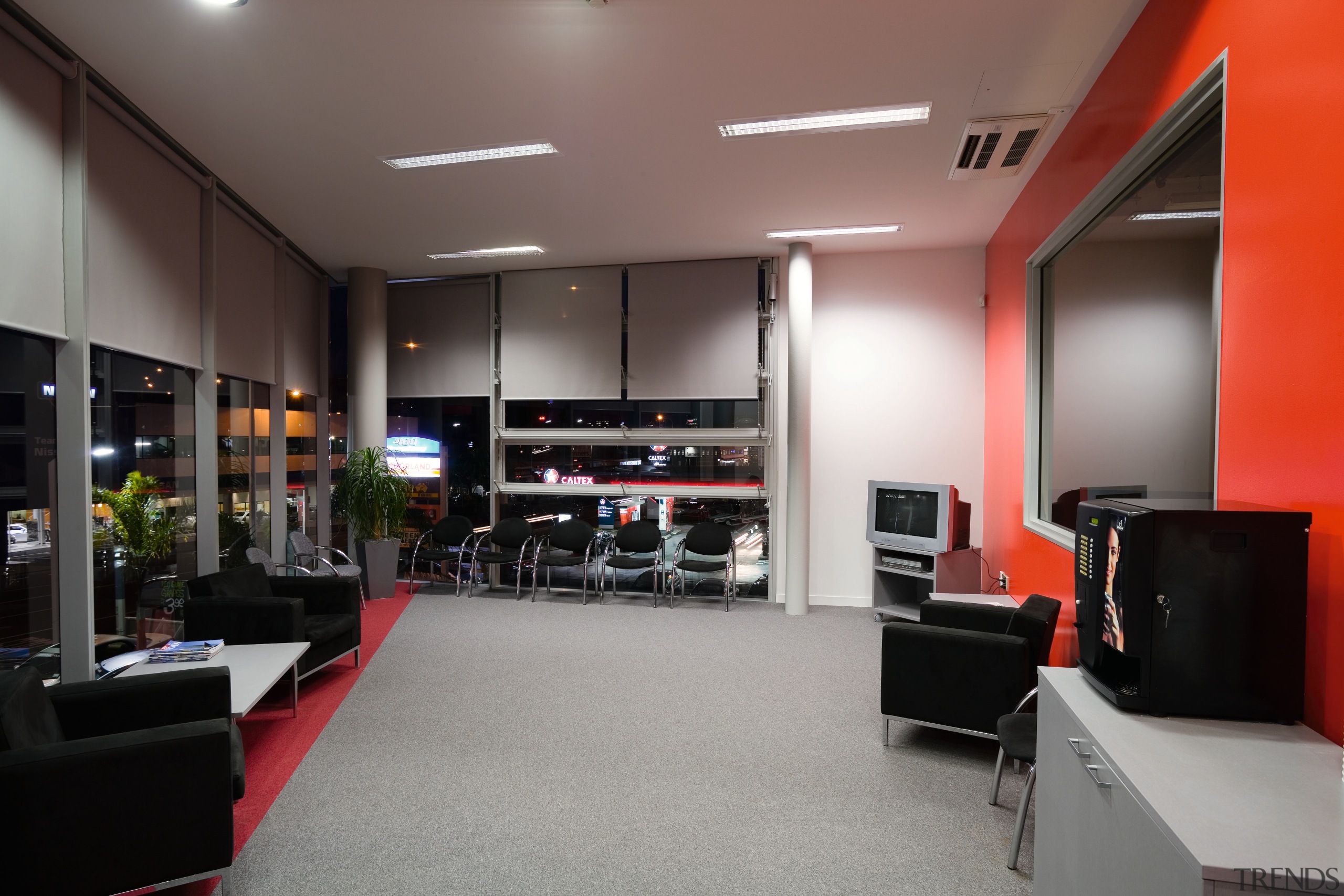 A view of the Mitsubishi Motors building. - interior design, office, gray, black