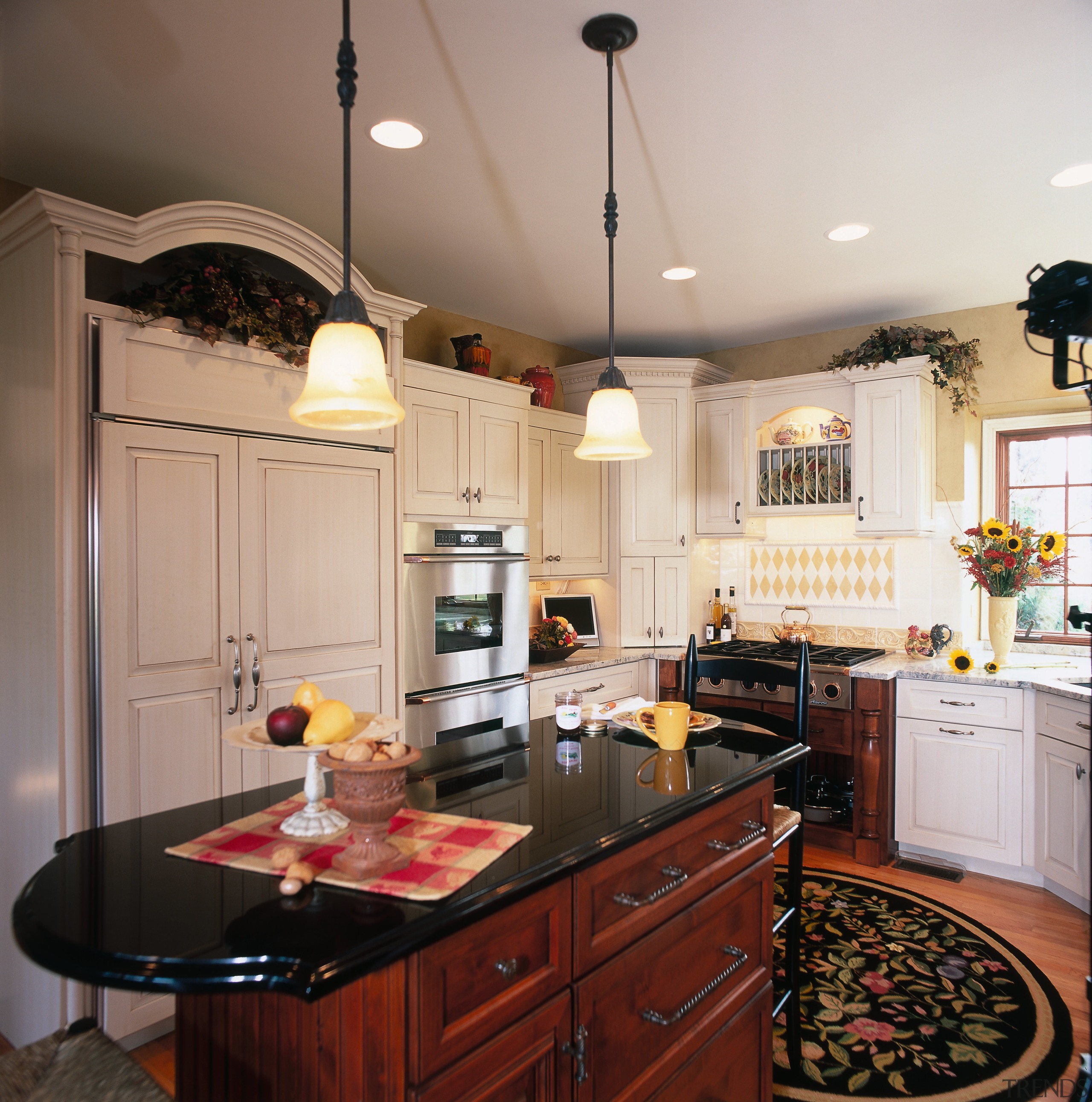 View of this traditional designed kitchen featuring granite cabinetry, ceiling, countertop, cuisine classique, home, interior design, kitchen, room, gray