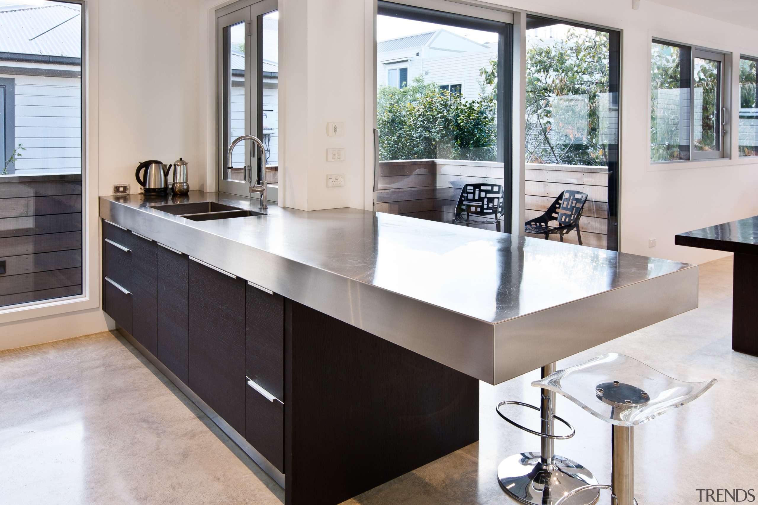 Internal steel support was required to achieve the cabinetry, countertop, cuisine classique, interior design, kitchen, sink, gray