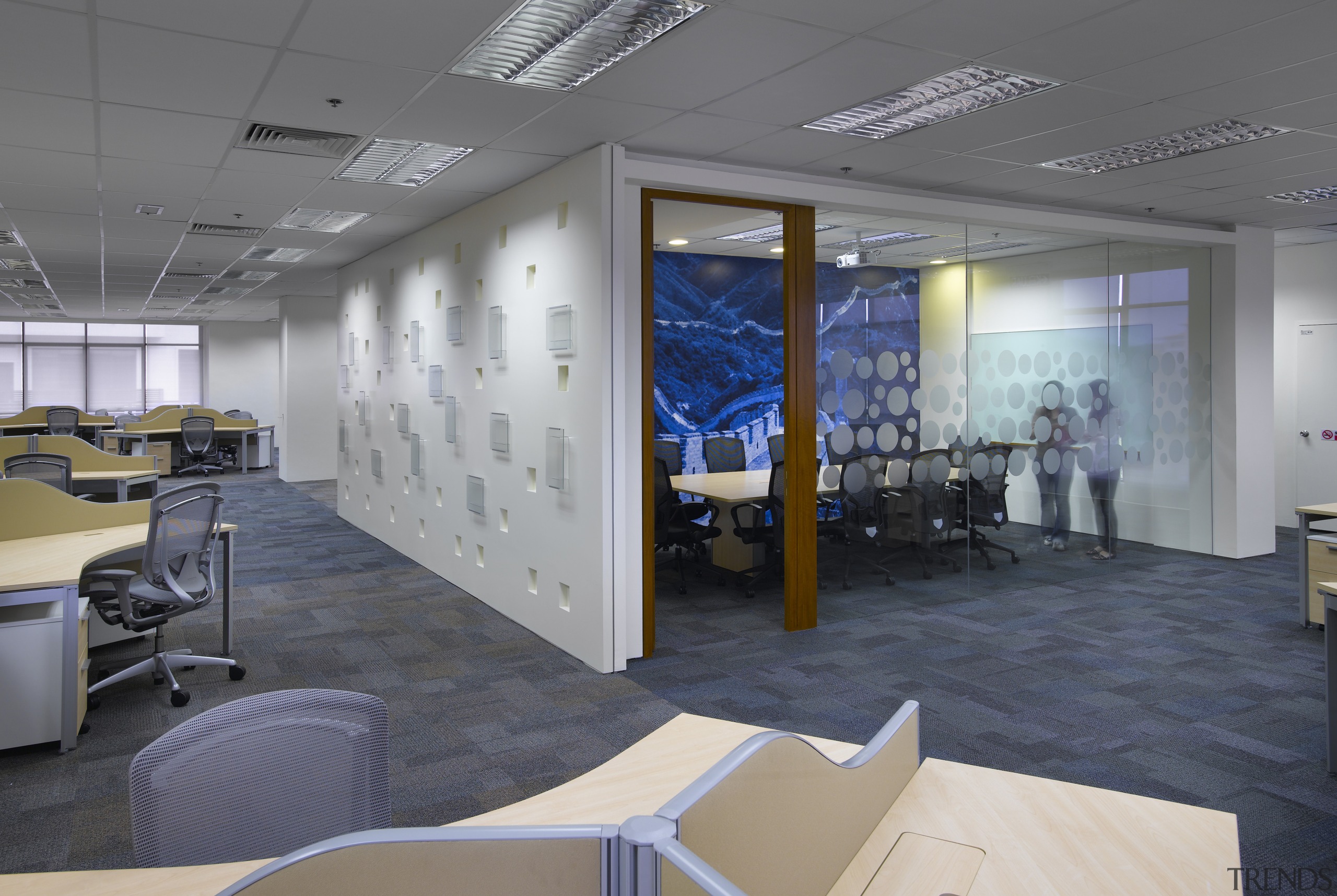 View of office workstations which feature curved desks, ceiling, interior design, office, gray