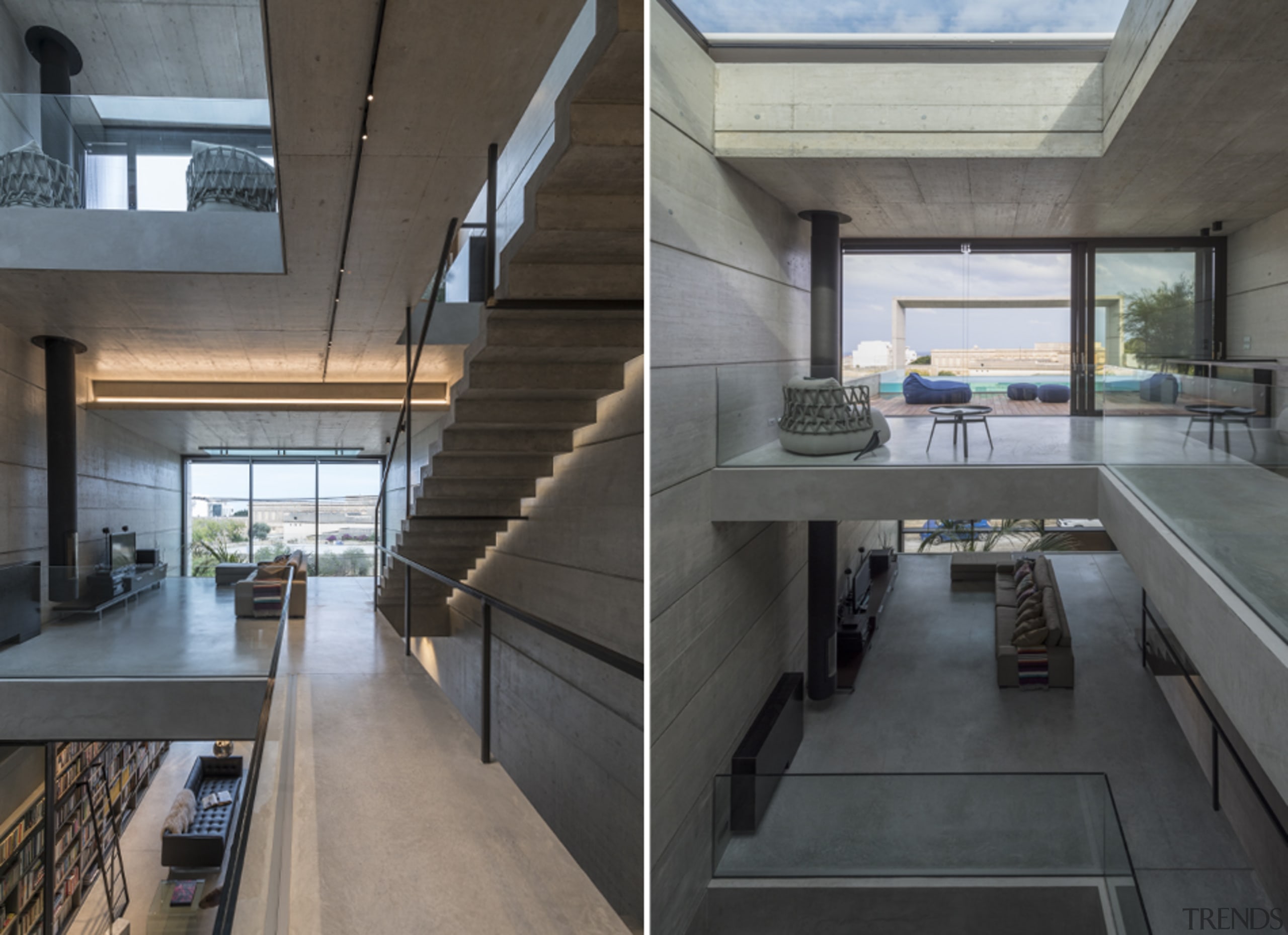 The long concrete cantilevered stair is a feature architecture, building, ceiling, daylighting, design, floor, flooring, furniture, glass, handrail, home, house, interior design, loft, property, real estate, room, table, tile, wall, window, gray, black