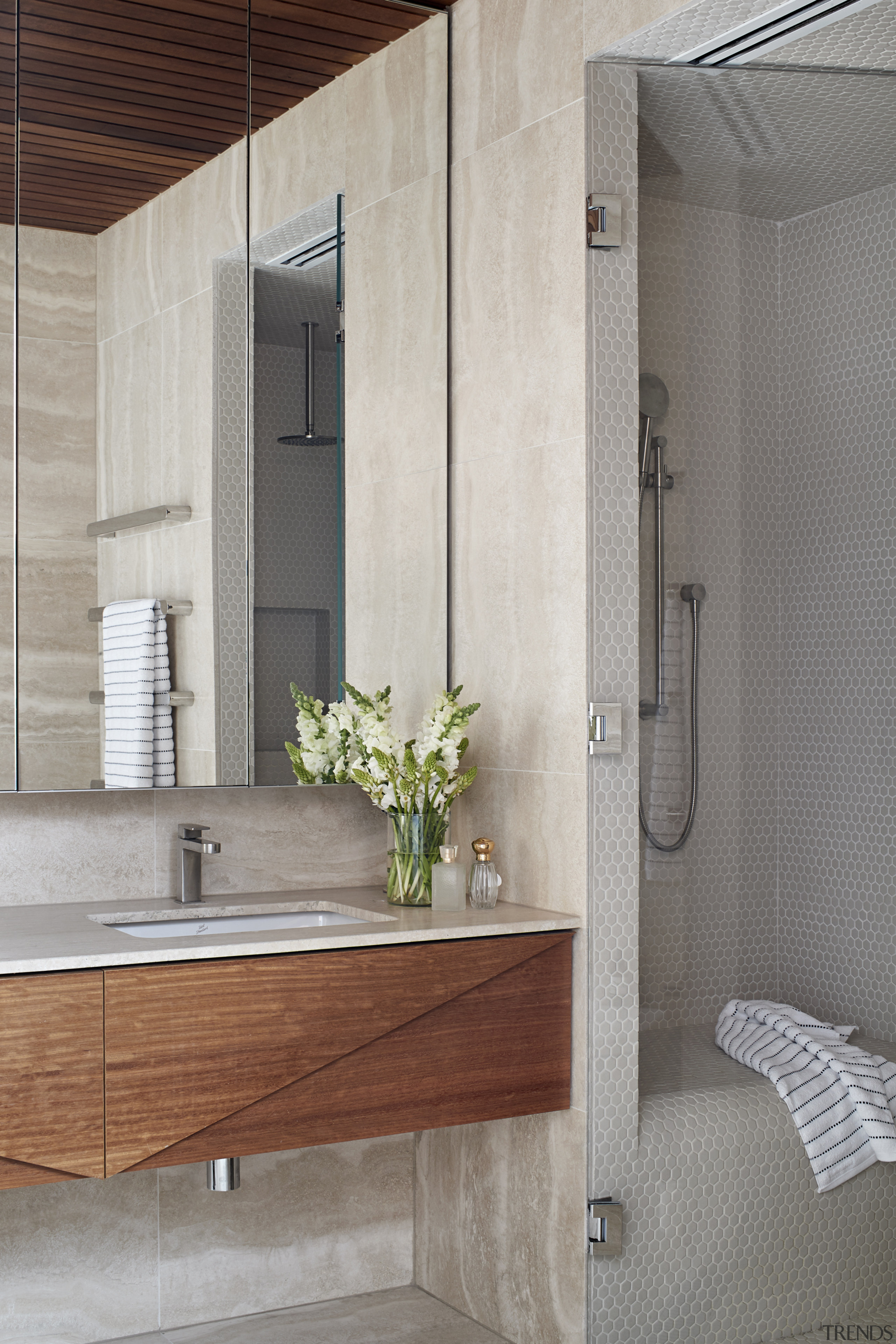 The master ensuite with penny round mosaics in 