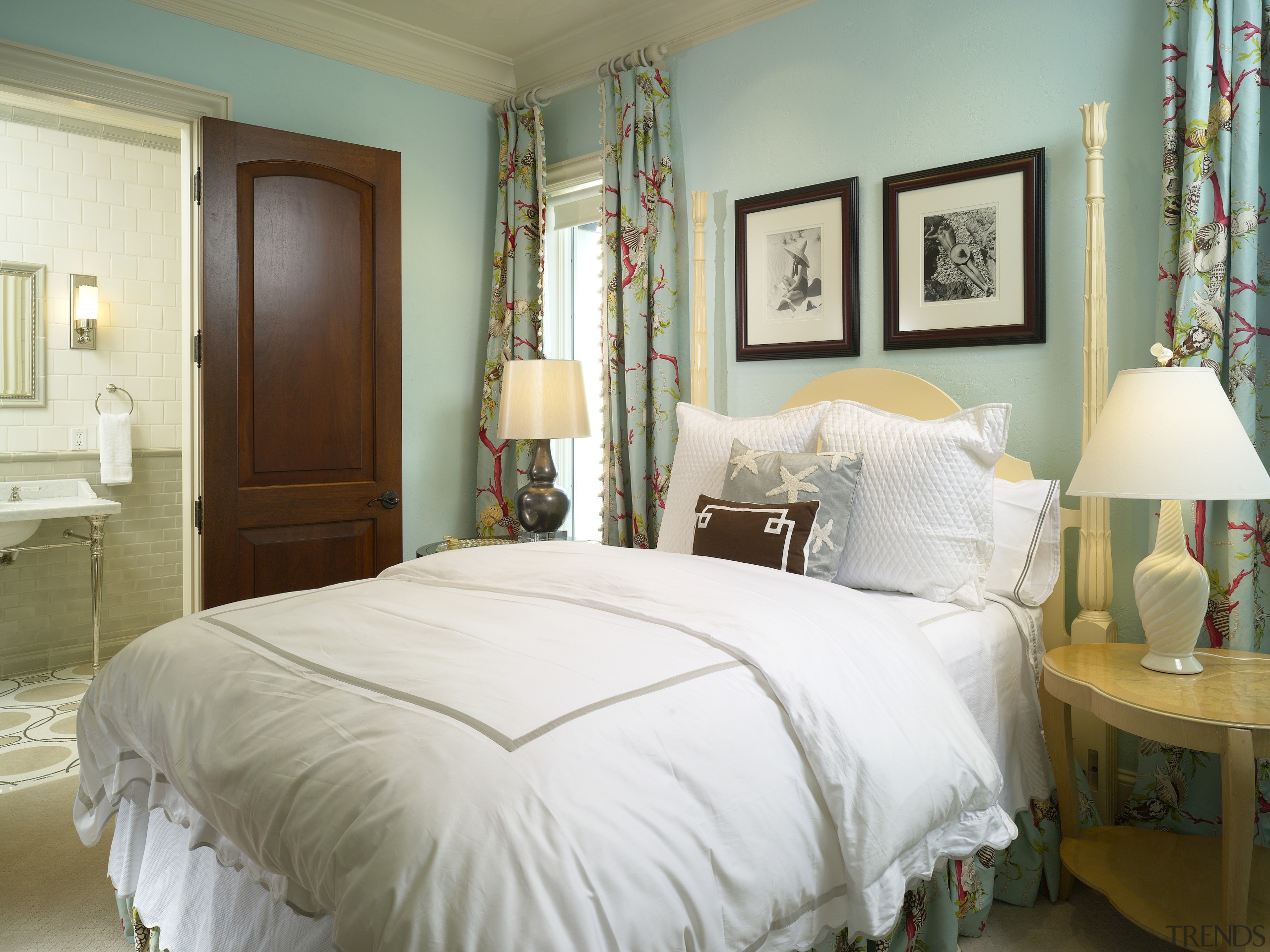 View of a guest room featuring a bed bed, bed frame, bed sheet, bedding, bedroom, ceiling, estate, furniture, home, interior design, real estate, room, suite, textile, wall, window, window treatment, white, brown