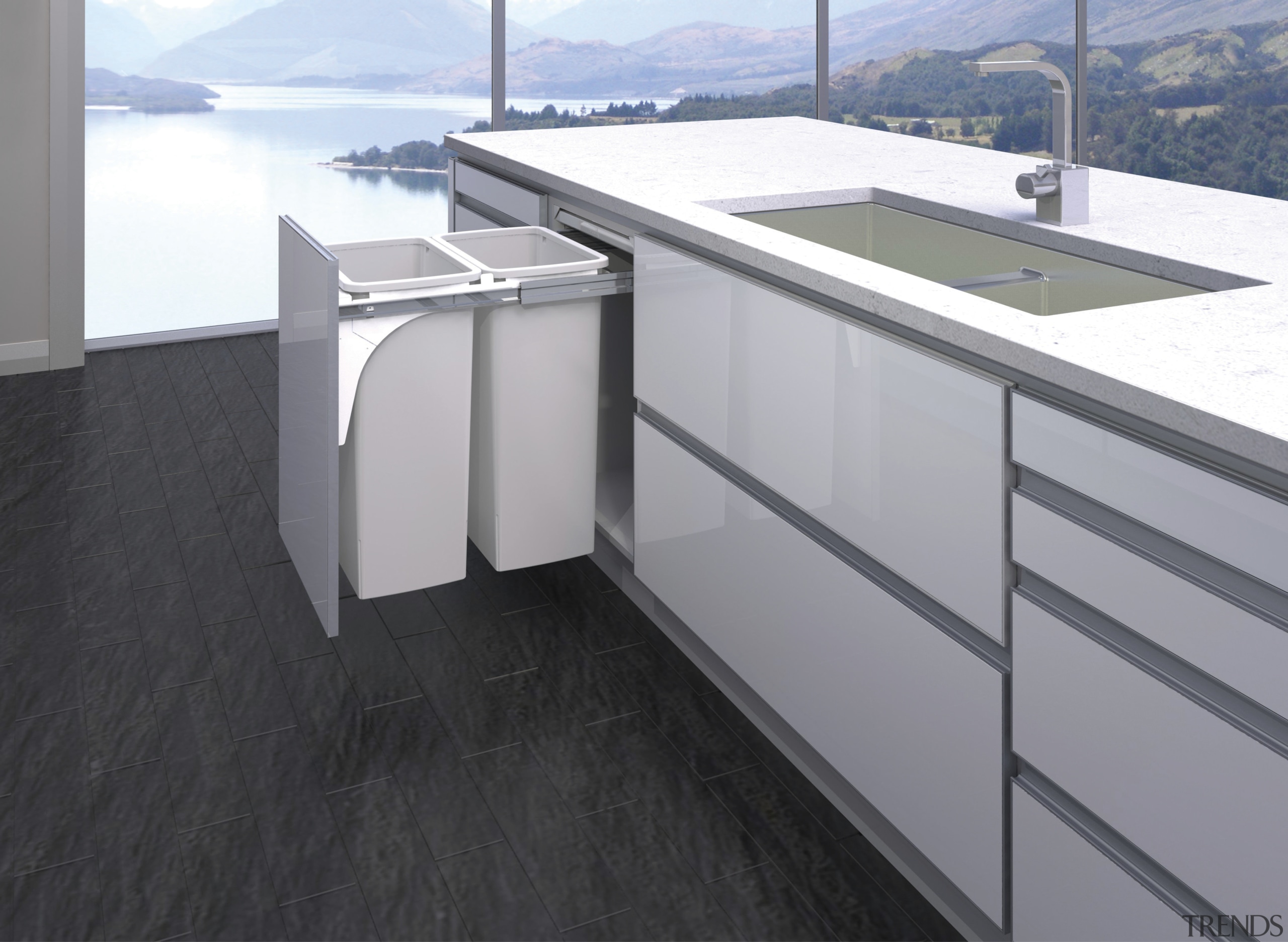 Never part of the scenery, Hideaway Bins keep countertop, floor, glass, gray, black