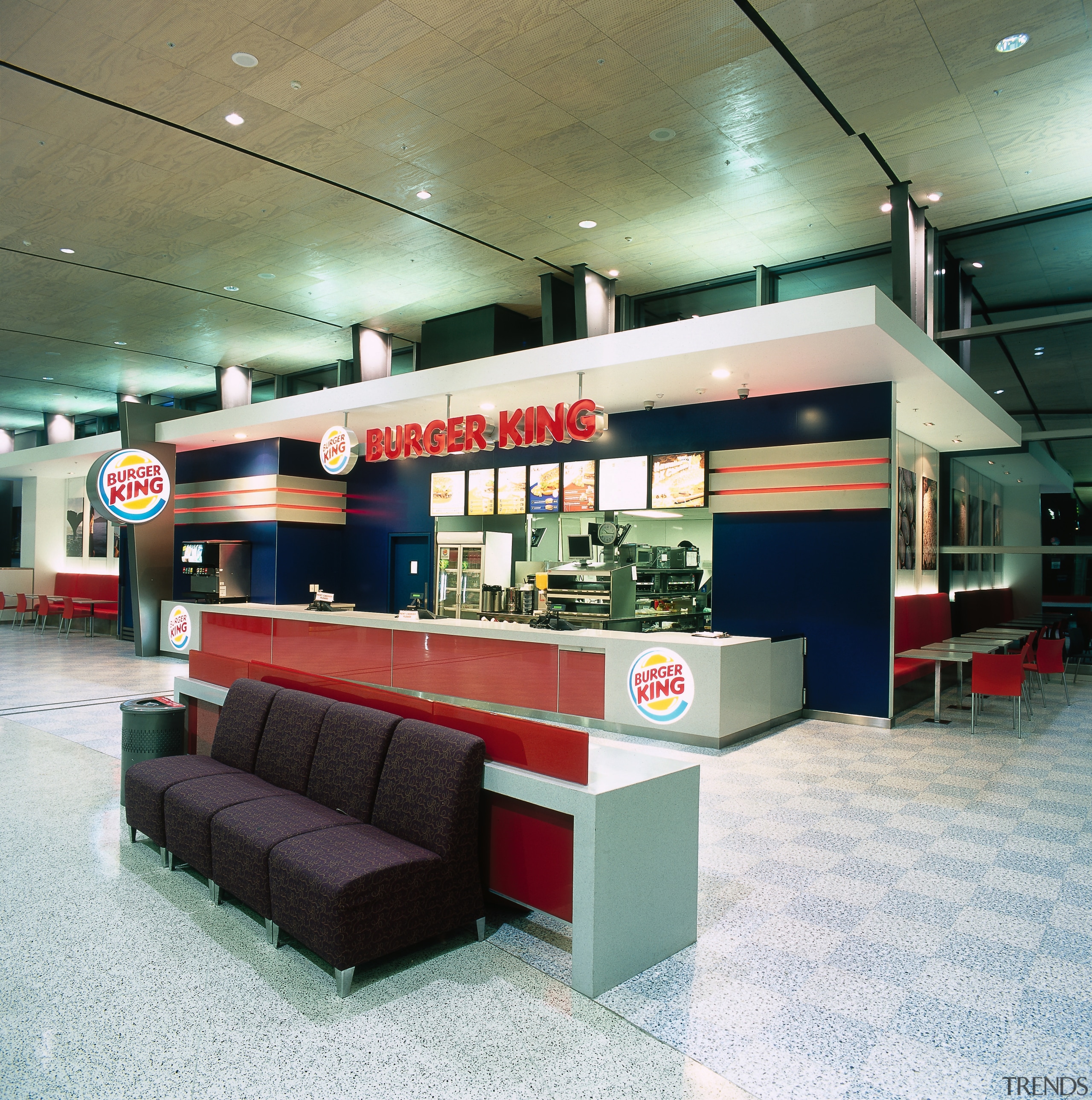 View of Burger King premises in food court interior design, lobby, white