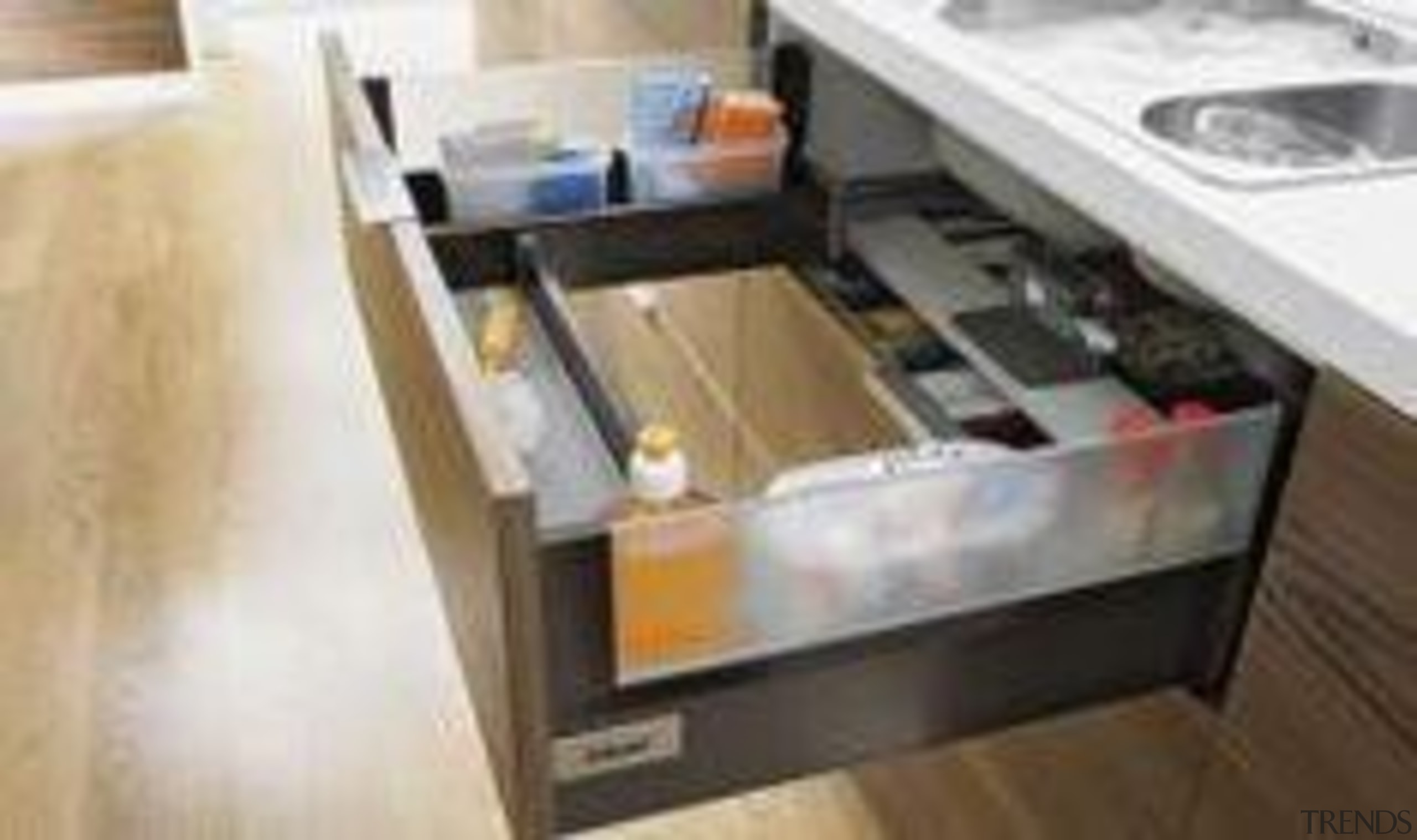 Waste no space in awkwardly shaped sink cupboards countertop, drawer, floor, furniture, kitchen, product, sink, table, white