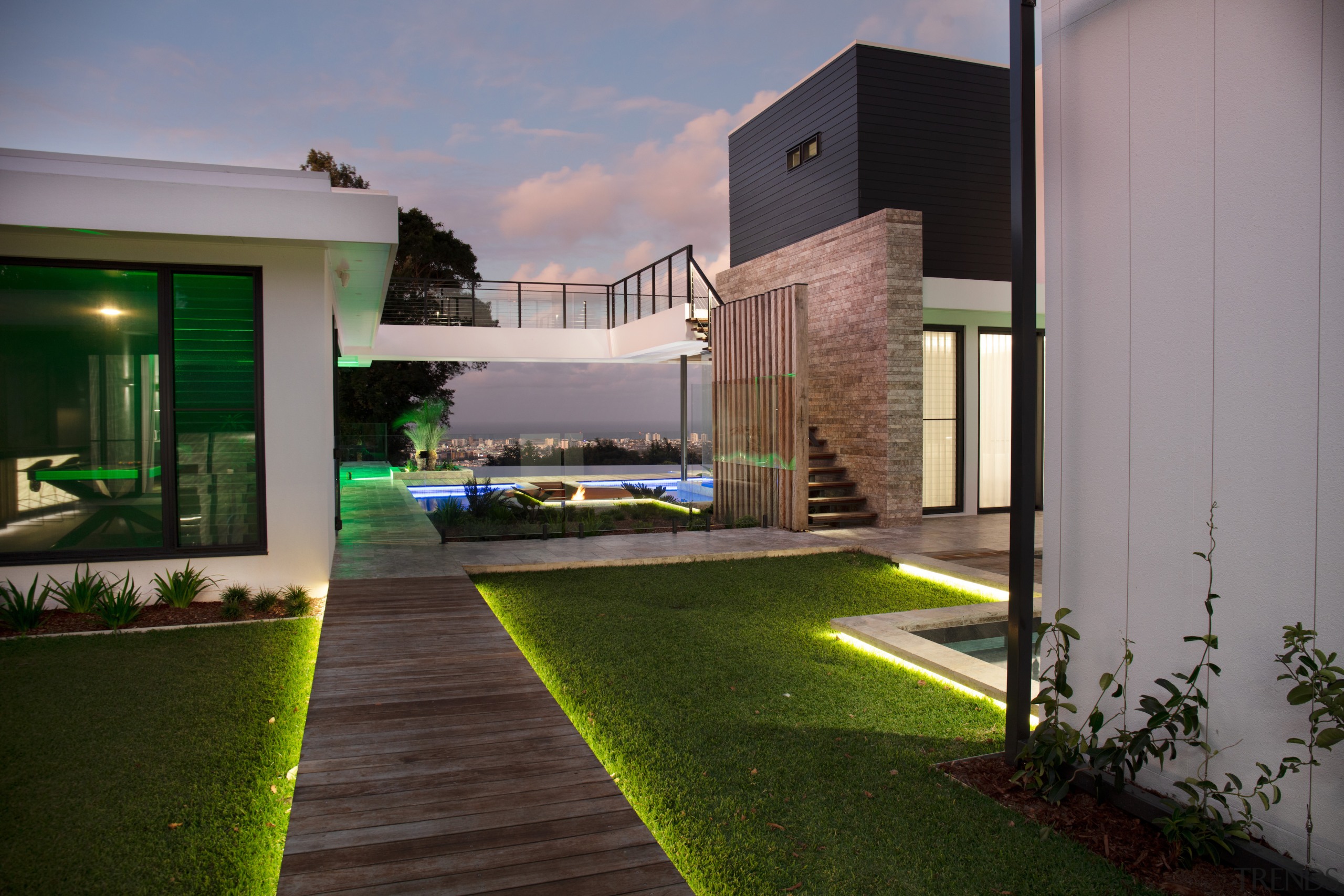 Looking between the two pavilions to the sea. 