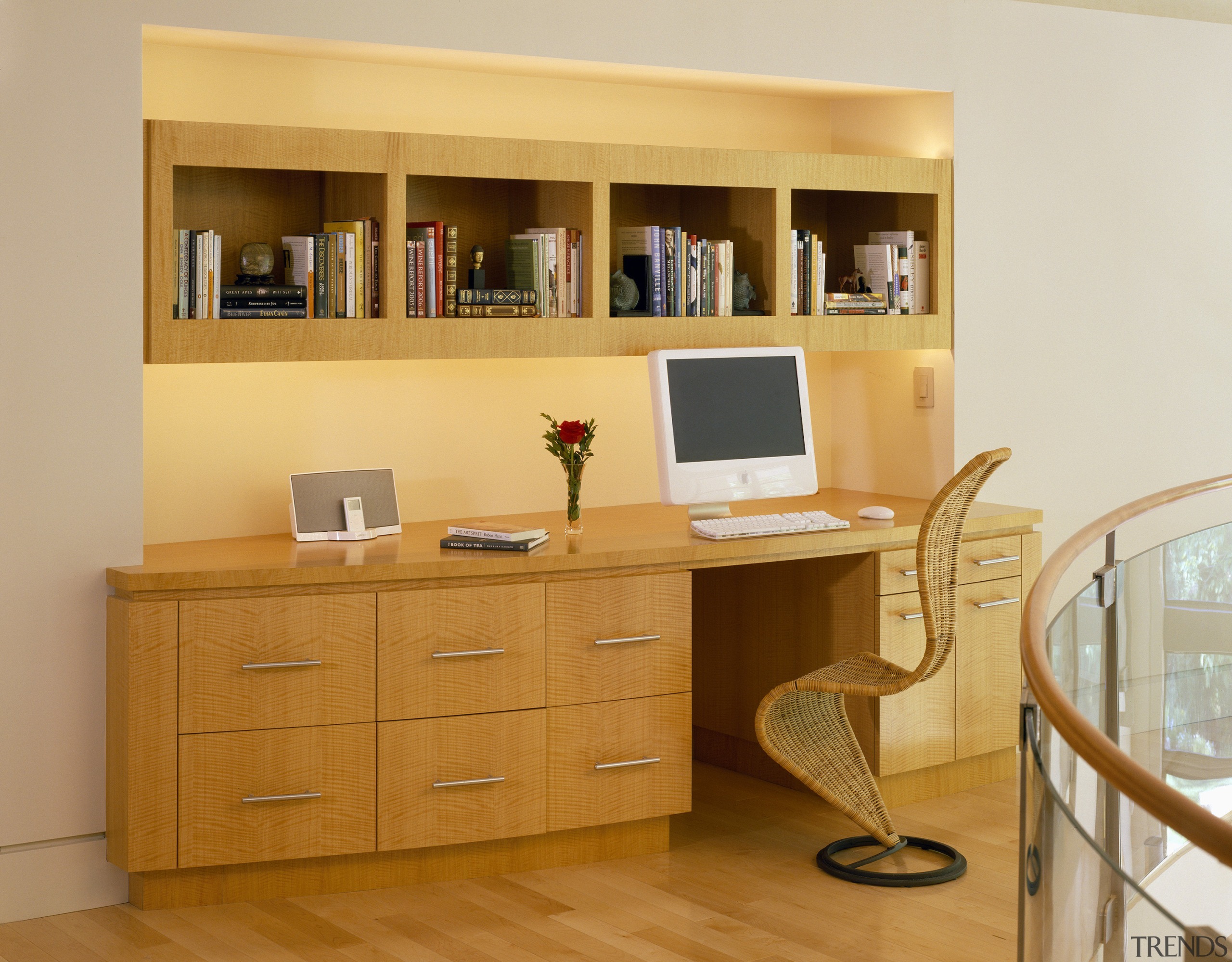 Image of the Study located at the top bookcase, cabinetry, chest of drawers, desk, furniture, interior design, office, shelf, shelving, orange, brown