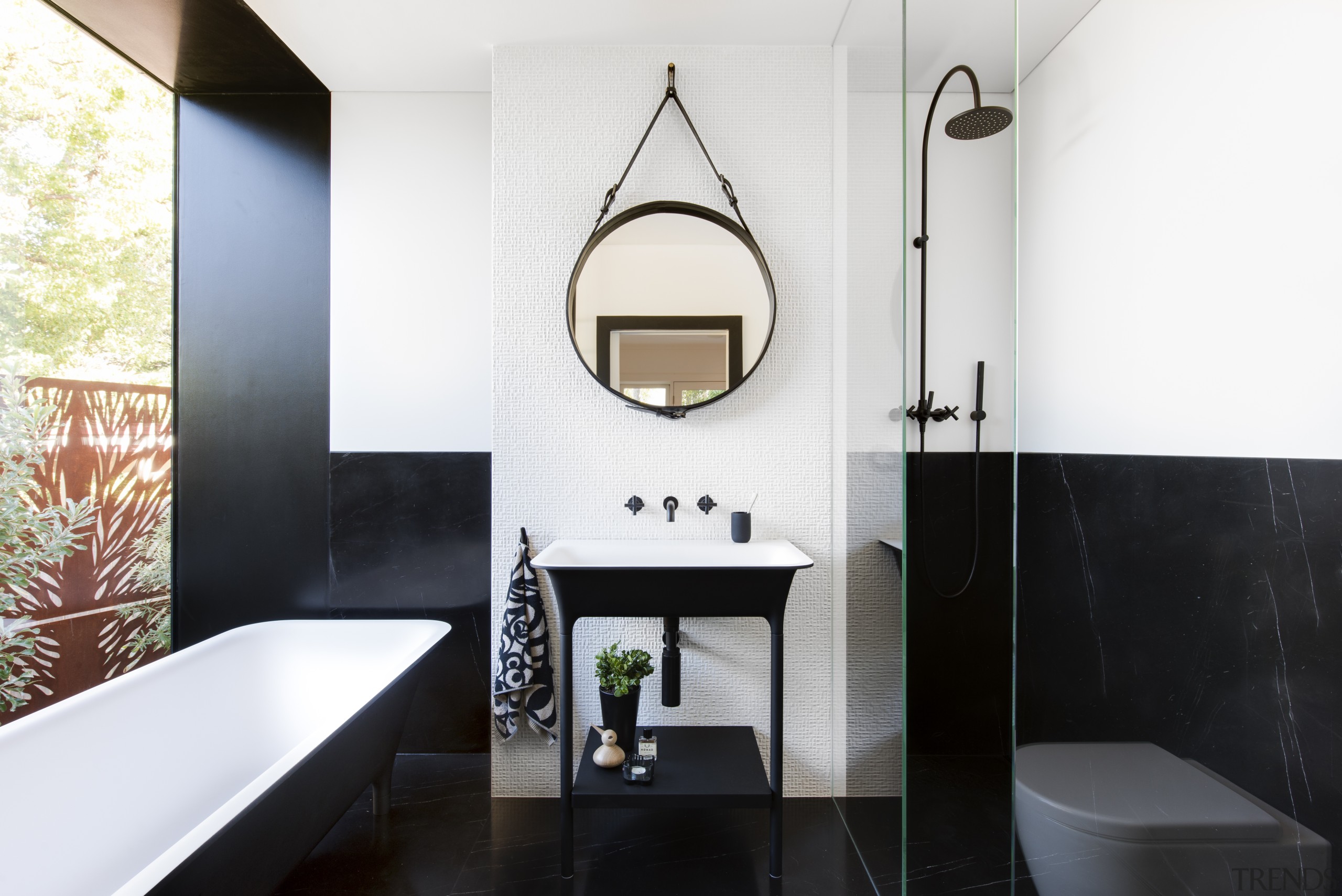 Nz3501Cmmiinosadarrengenner–301106138 01 Hero - architecture | bathroom | architecture, bathroom, black, building, ceiling, floor, flooring, furniture, home, house, interior design, plumbing fixture, property, real estate, room, sink, tap, tile, wall, white, black