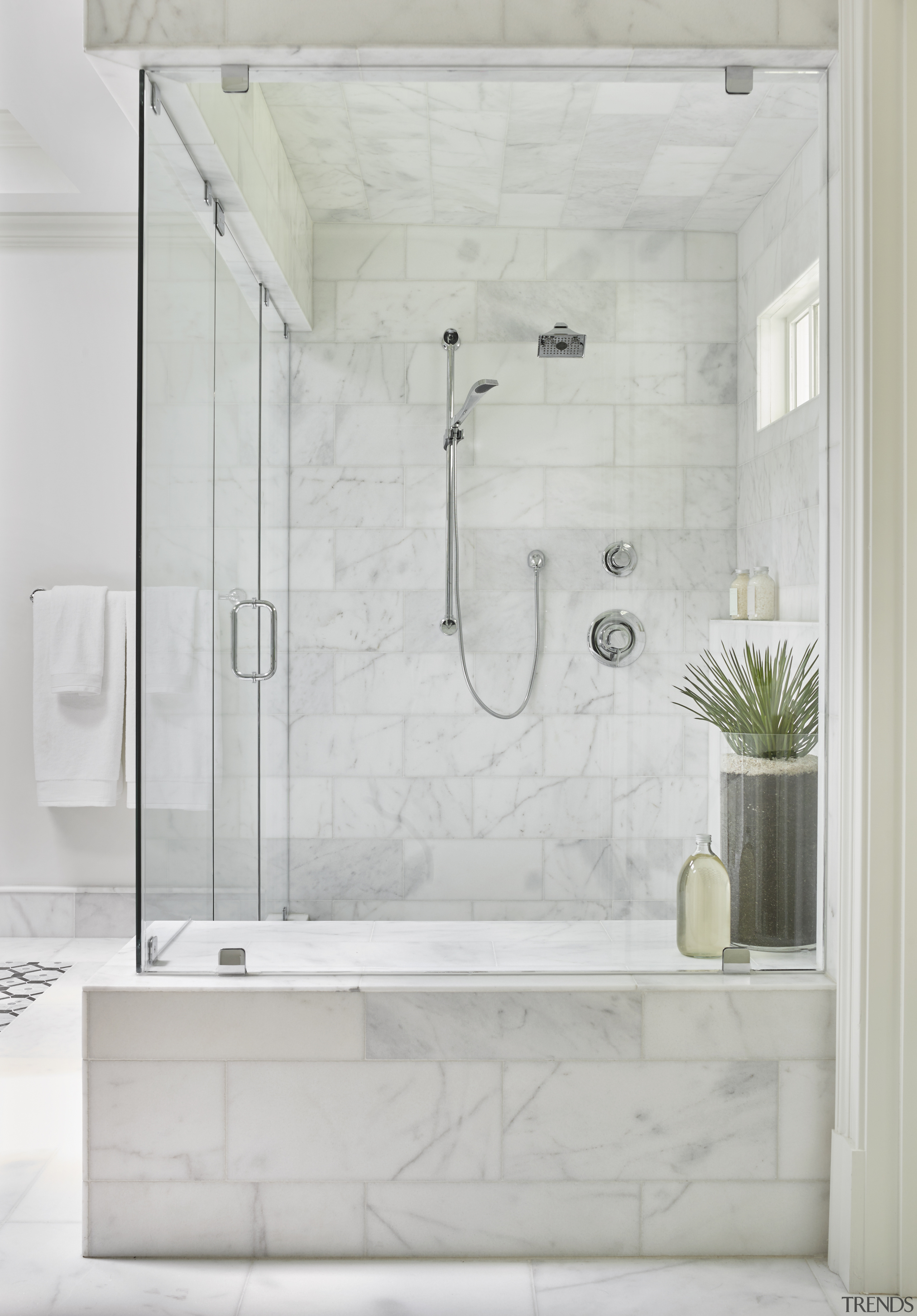 ​​​​​​​The large-sized shower in this master suite by bathroom, floor, plumbing fixture, shower, shower door, tap, tile, wall, bathroom designer, Mark Willaims Design