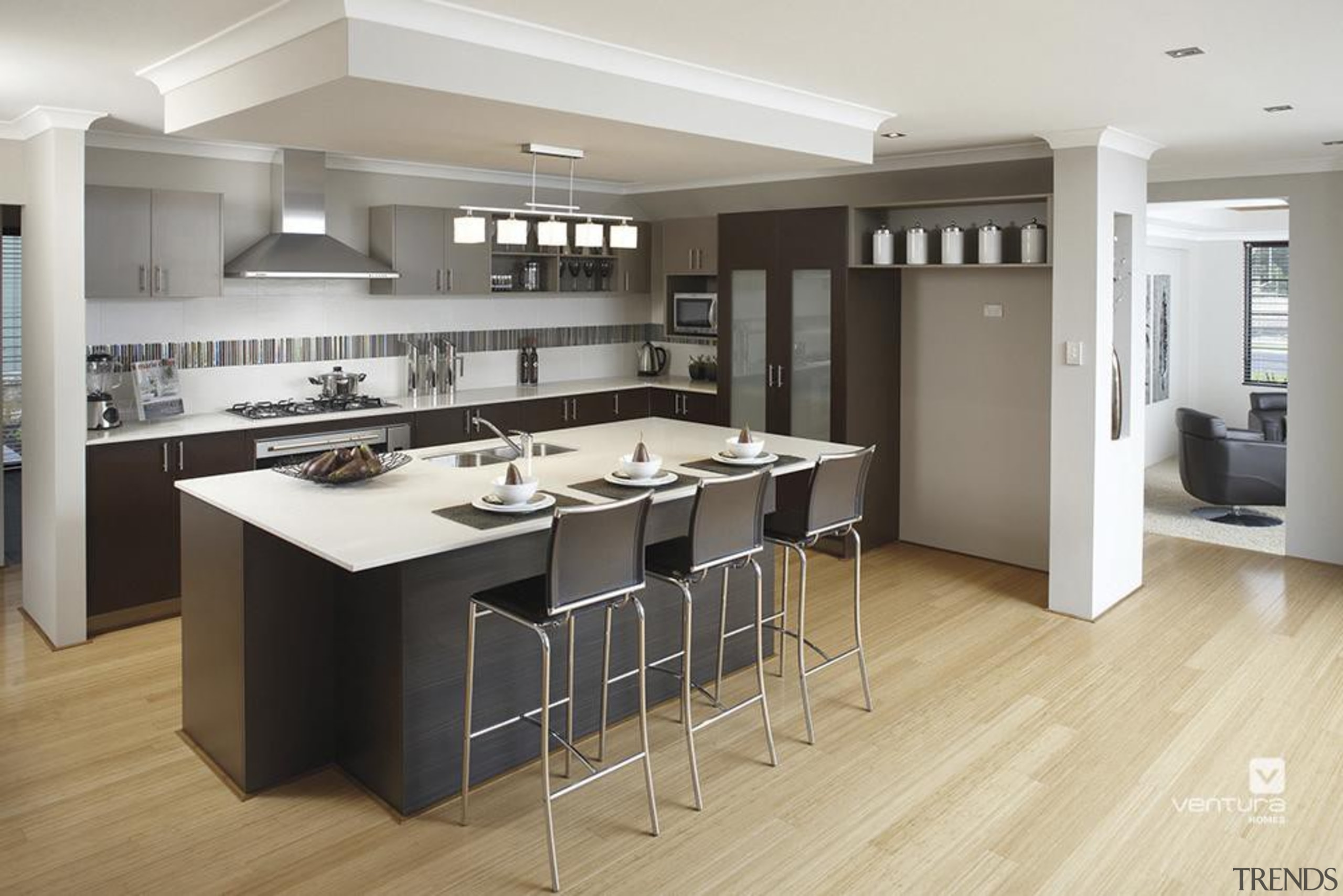 Kitchen design. - The Connoisseur Display Home - cabinetry, countertop, cuisine classique, floor, flooring, hardwood, interior design, kitchen, laminate flooring, room, wood flooring, gray