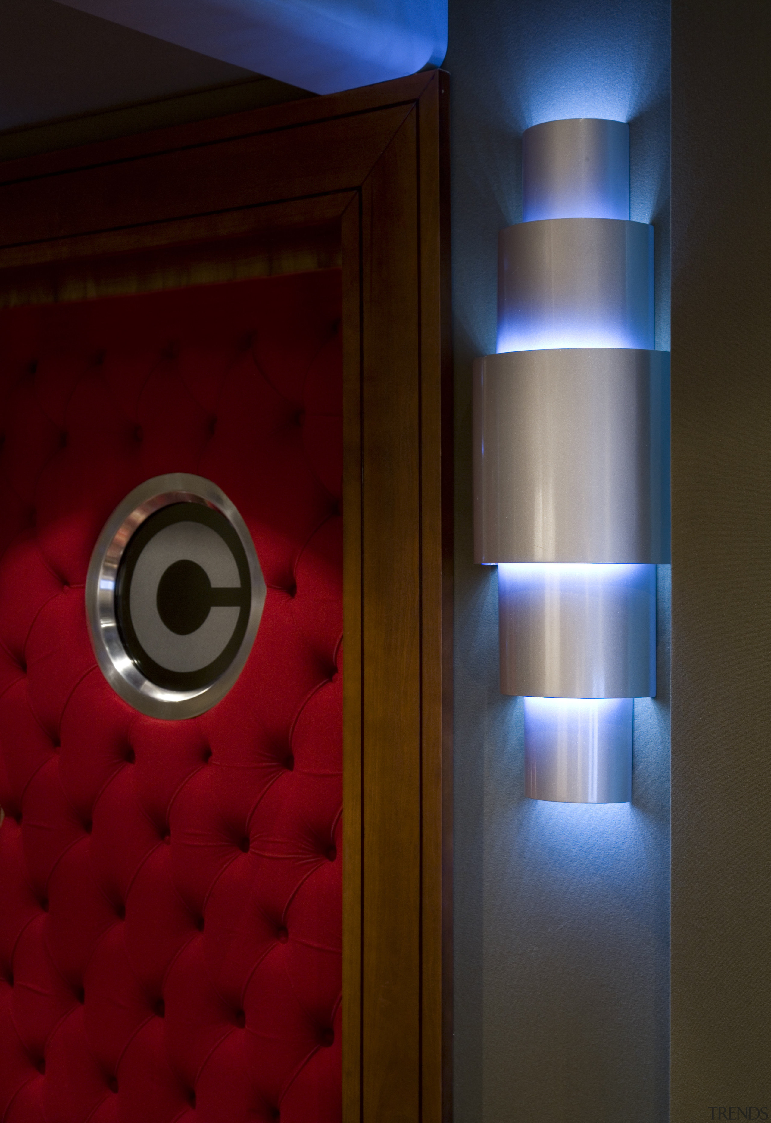 Art deco themed home theatre featuring LED lighting light, light fixture, lighting, red, red