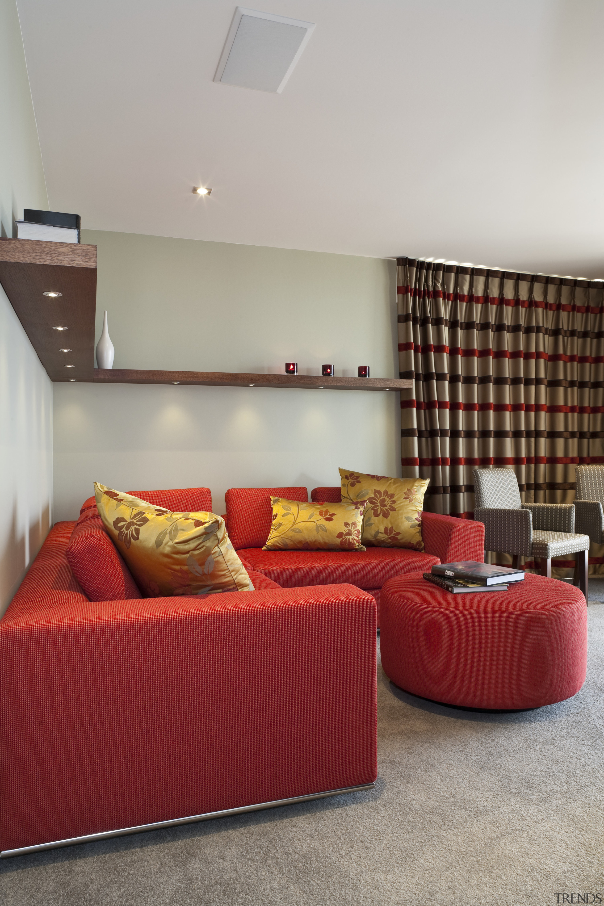 View of home refurbished by interior designer Suzanne architecture, ceiling, couch, floor, flooring, furniture, home, house, interior design, living room, real estate, room, suite, table, wall, wood, gray, red