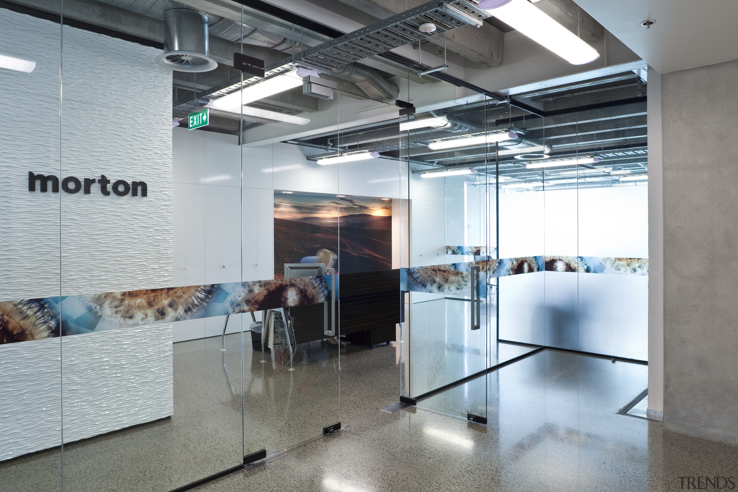 Interior view of office spaces within the hotel glass, interior design, office, product design, gray
