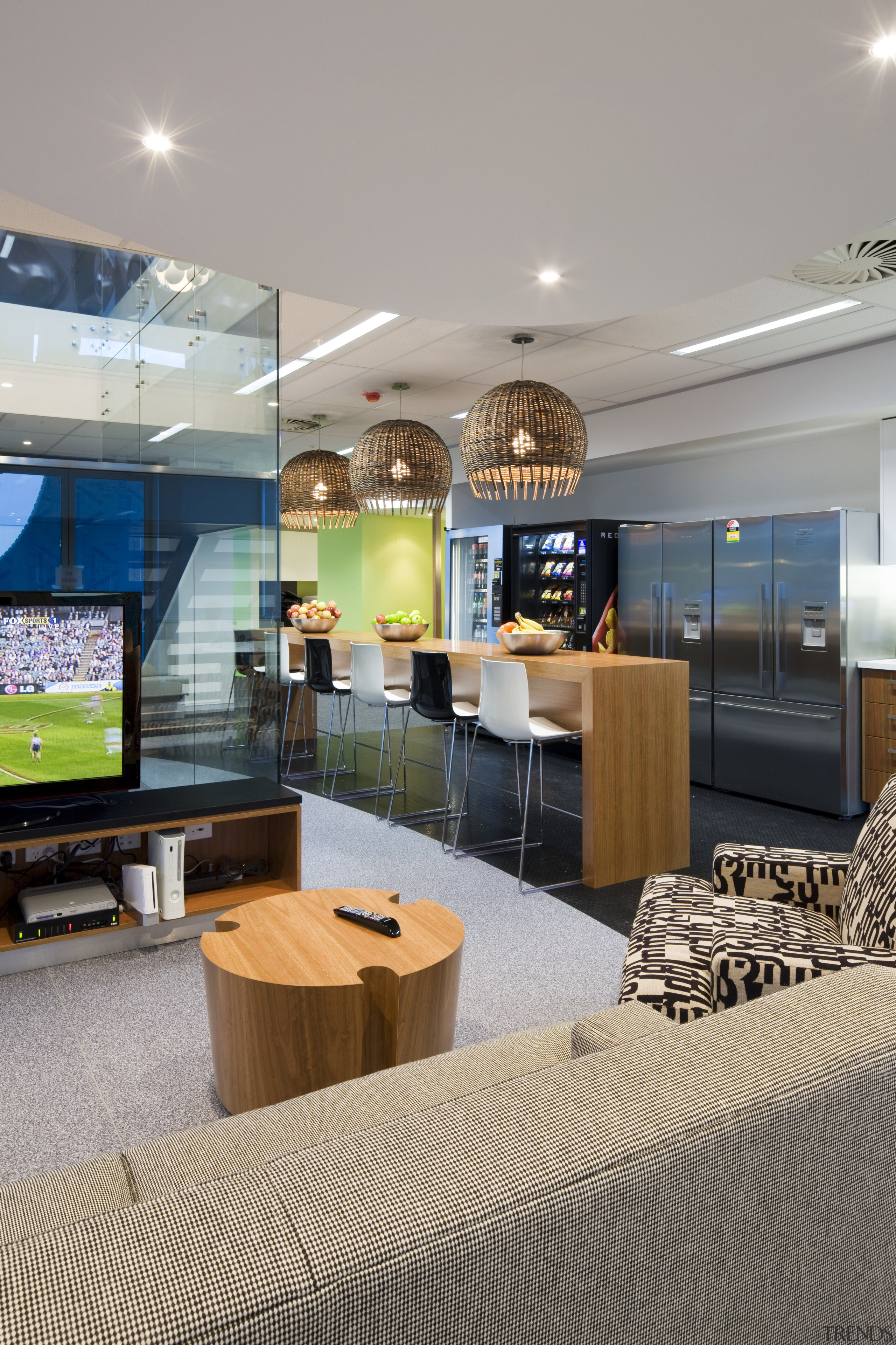 Here is a view of the newly renovated ceiling, interior design, living room, lobby, real estate, gray