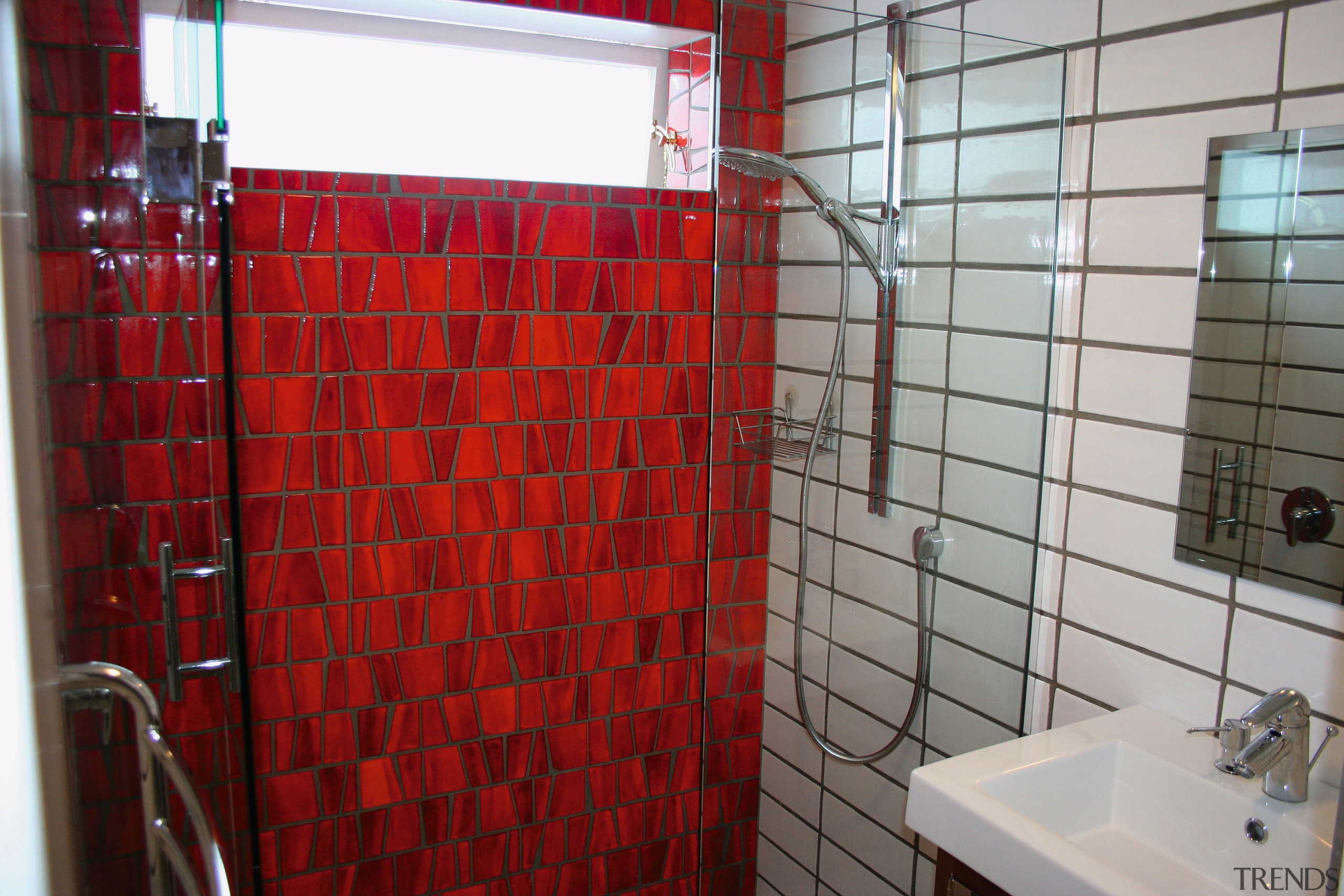 A view of some tiles from The Middle bathroom, flooring, interior design, property, room, tile, red, gray