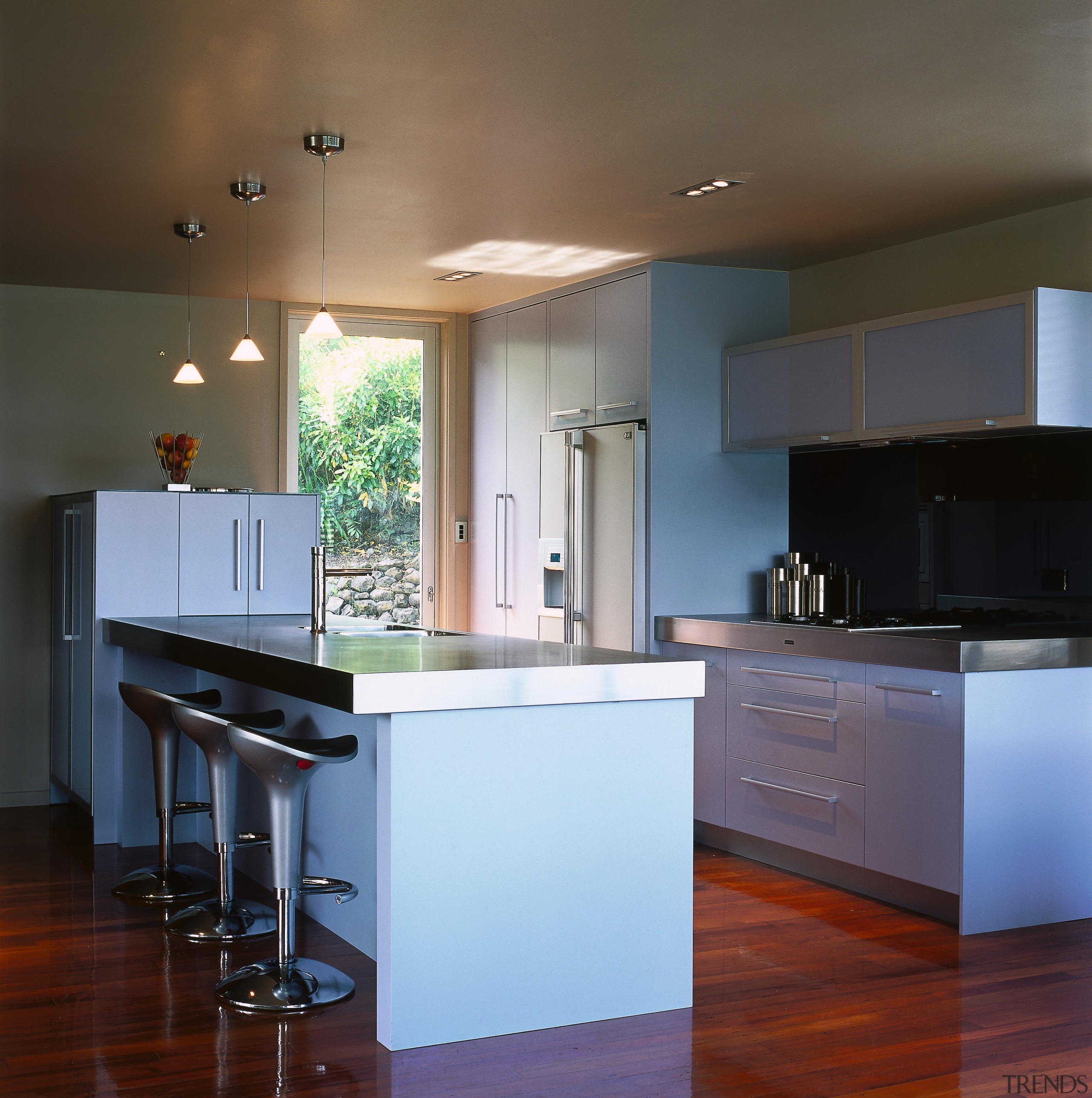 Kitchen with light blue cabinetry, stainless steel benchtop, cabinetry, ceiling, countertop, cuisine classique, floor, hardwood, interior design, kitchen, real estate, room, wood flooring, black