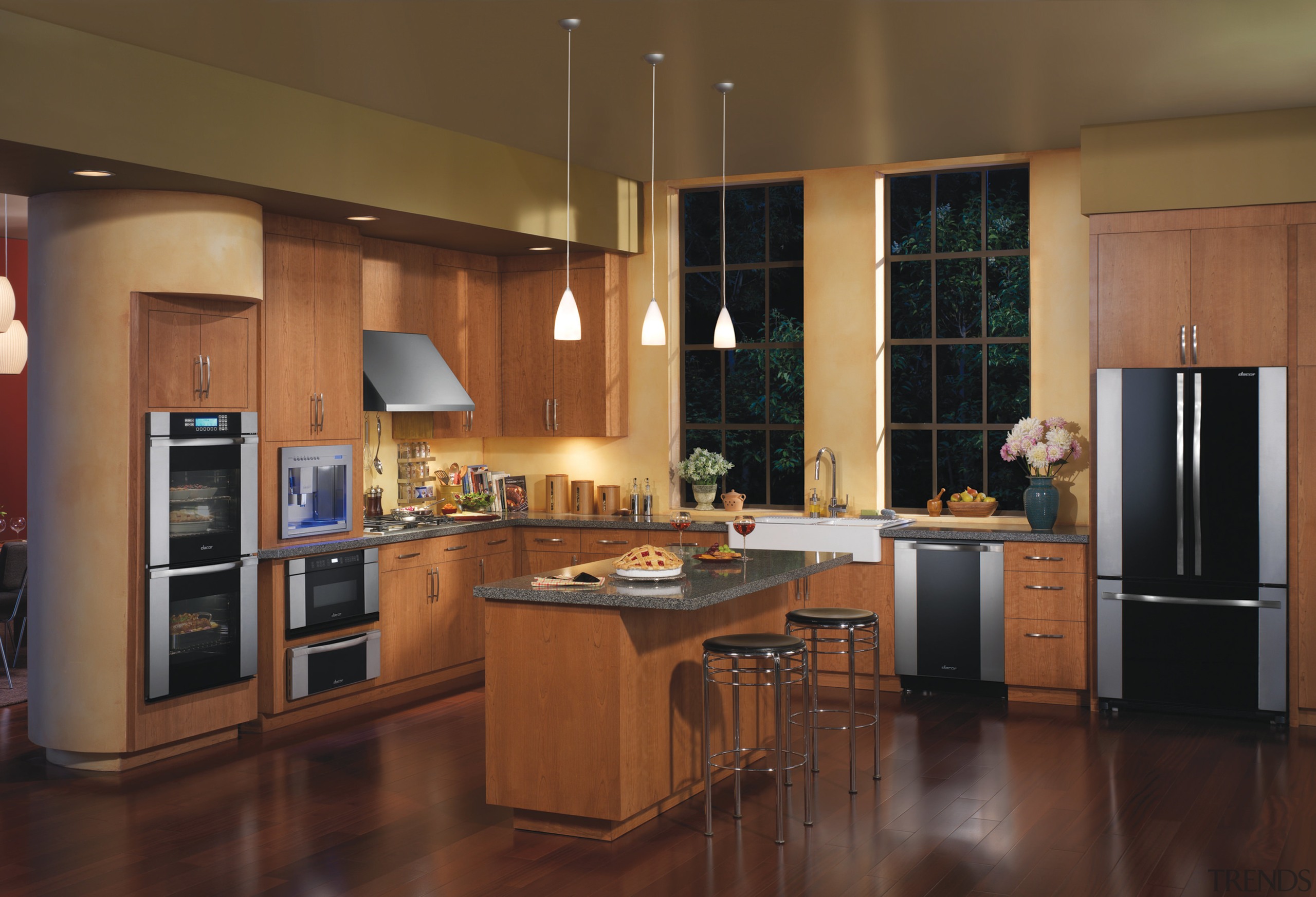 A view of this kitchen featuring the latetest cabinetry, countertop, cuisine classique, floor, flooring, hardwood, interior design, kitchen, room, wood flooring, brown