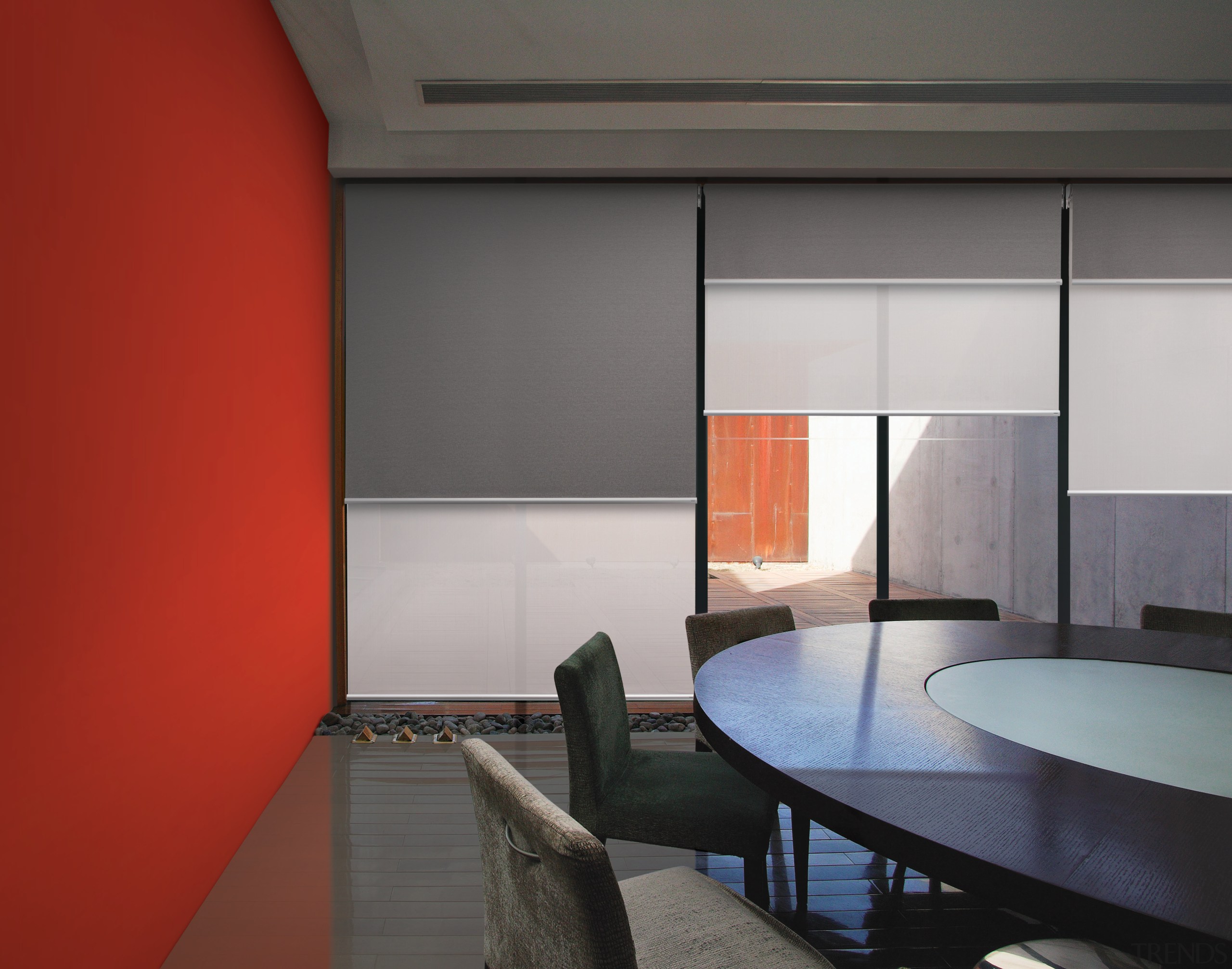 Interior view of an office area which features architecture, ceiling, daylighting, house, interior design, shade, table, window, window covering, gray, red