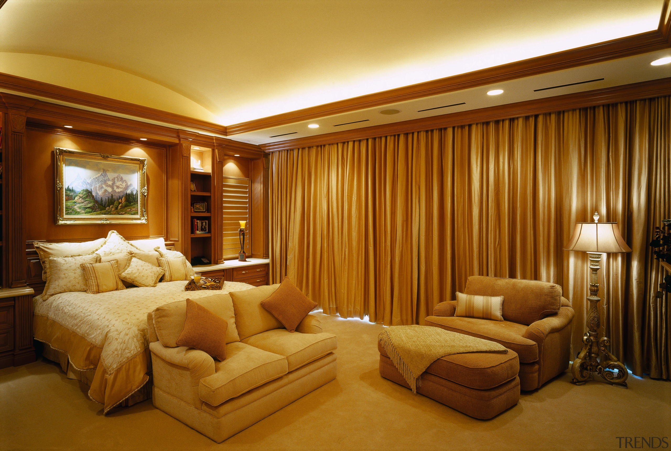 A view of a bedroom, large gold curtains, ceiling, interior design, living room, real estate, room, suite, wall, brown