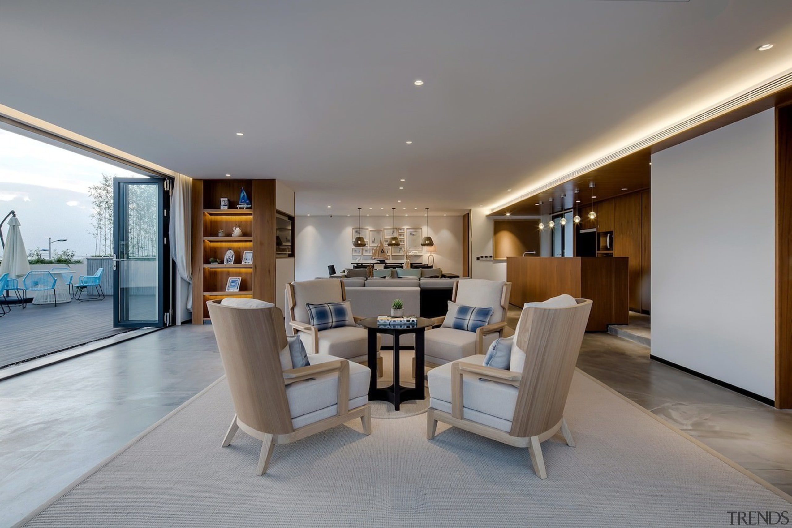 There's seamless flow between the indoors and outdoors apartment, architecture, ceiling, estate, floor, house, interior design, living room, penthouse apartment, real estate, room, gray