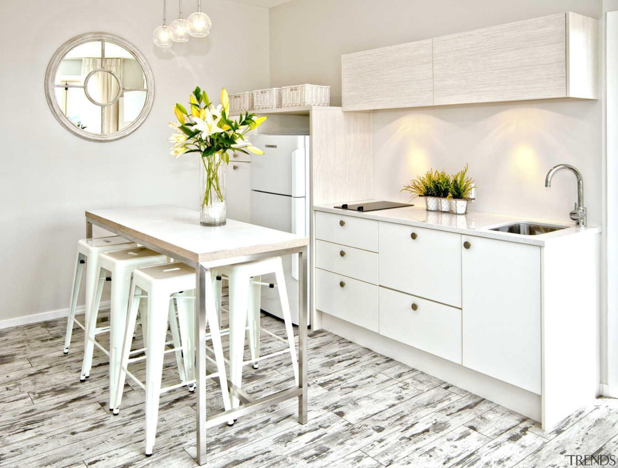 Soft neutrals and whites feature in the living countertop, cuisine classique, floor, flooring, furniture, interior design, kitchen, table, white