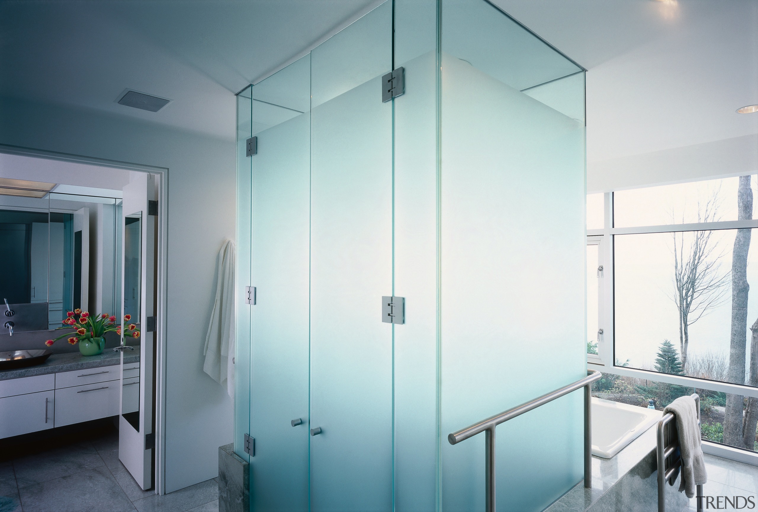 view of this bathroom featuring a large shower bathroom, door, glass, interior design, room, wall, white