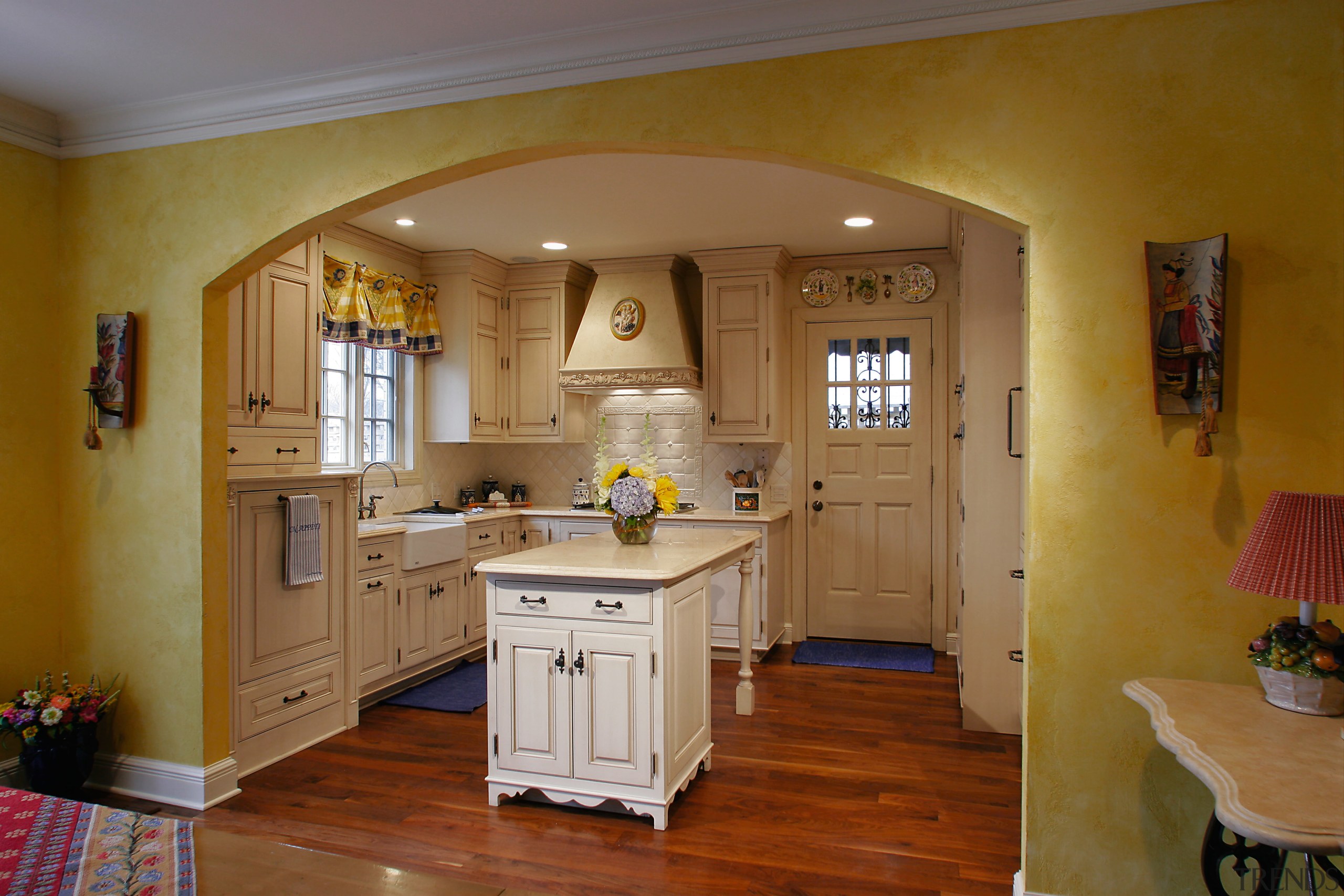 View of this french country kitchen - View cabinetry, ceiling, countertop, cuisine classique, floor, flooring, furniture, hardwood, home, house, interior design, kitchen, real estate, room, table, brown