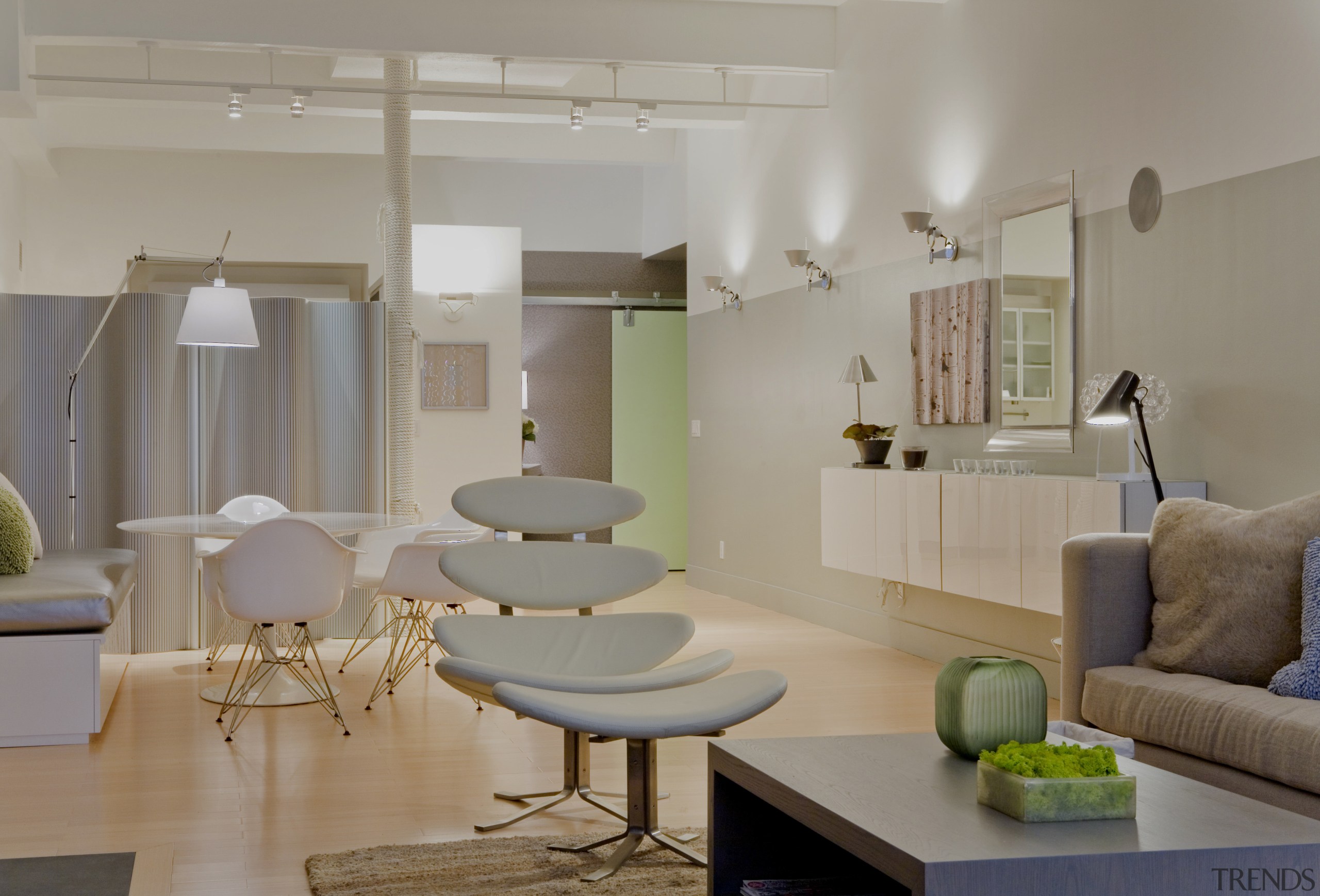 This once dark apartment has been transformed into architecture, ceiling, furniture, home, interior design, interior designer, living room, real estate, room, table, gray