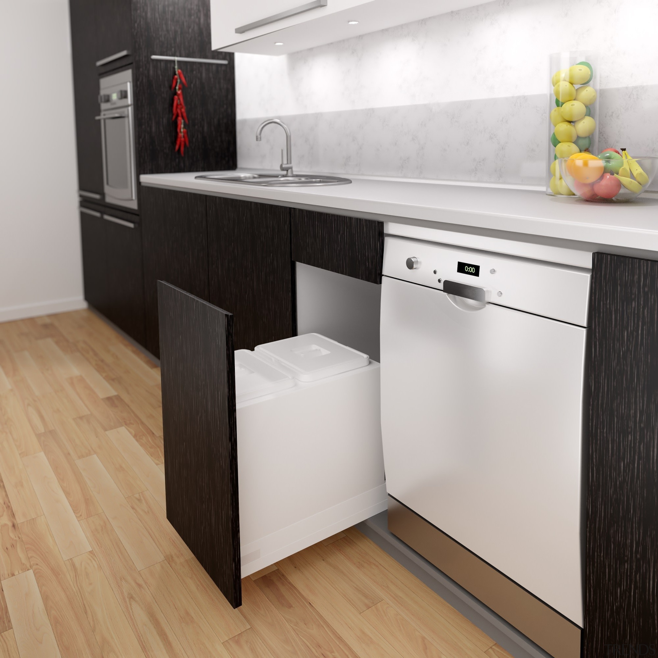 These Base Mounted Drawer Fitted Systems provide many cabinetry, countertop, floor, flooring, furniture, home appliance, interior design, kitchen, major appliance, product, white