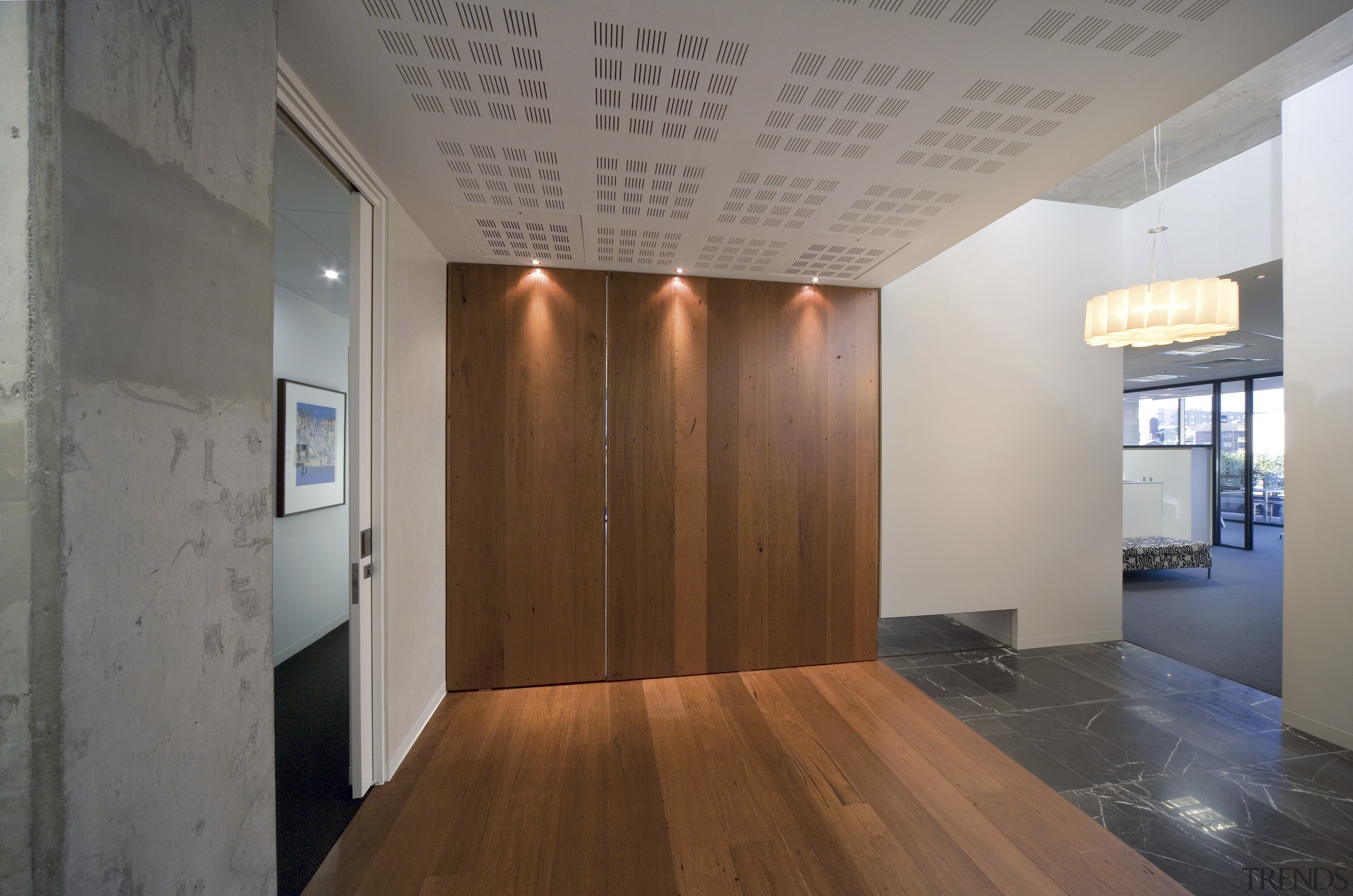 The cubic pattern on the fabric panels in ceiling, floor, flooring, hardwood, interior design, real estate, wood, wood flooring, gray, brown