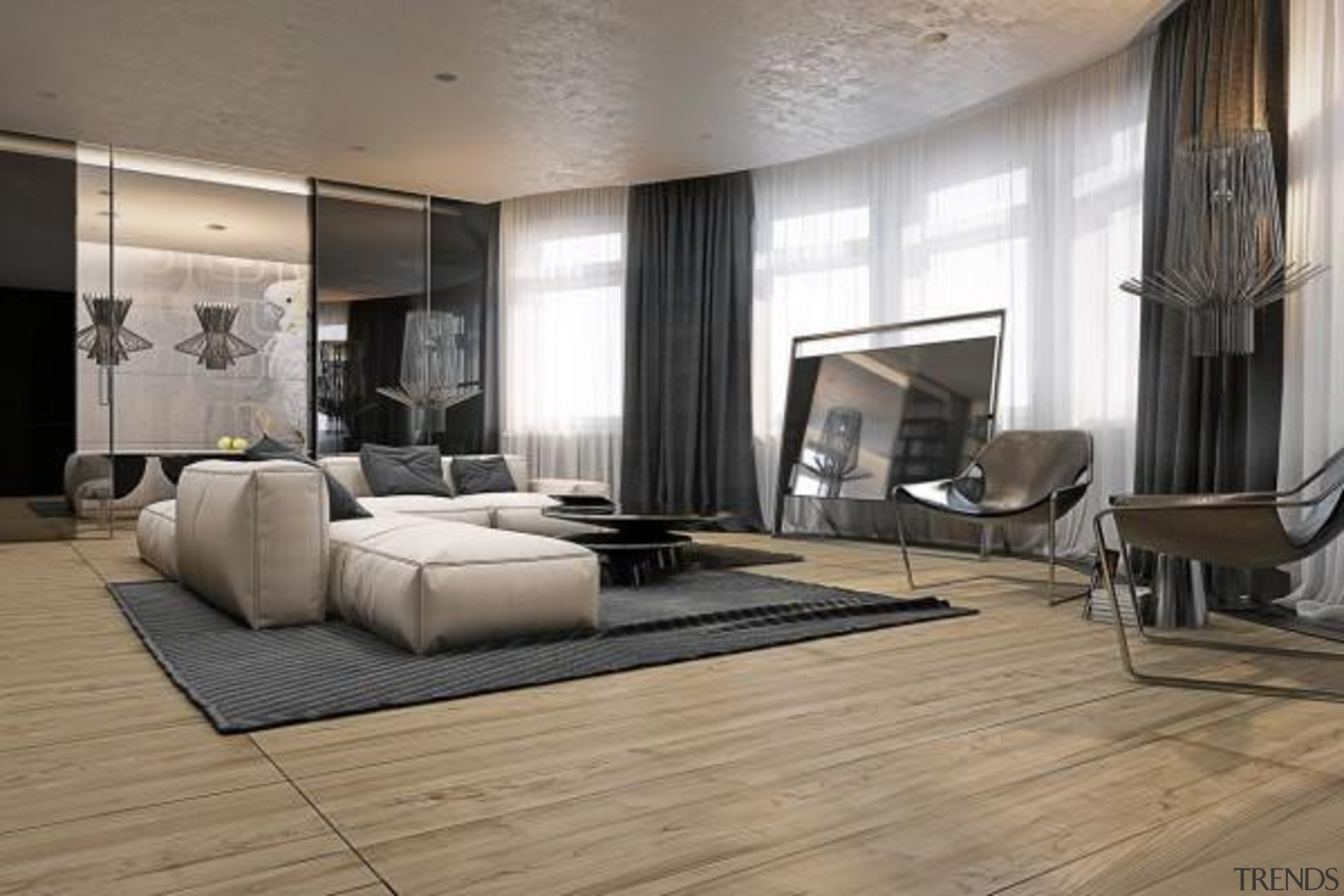 spacious comfortable livingroom - Masculine Apartments - ceiling ceiling, floor, flooring, furniture, hardwood, interior design, laminate flooring, living room, lobby, room, tile, wall, wood, wood flooring, gray