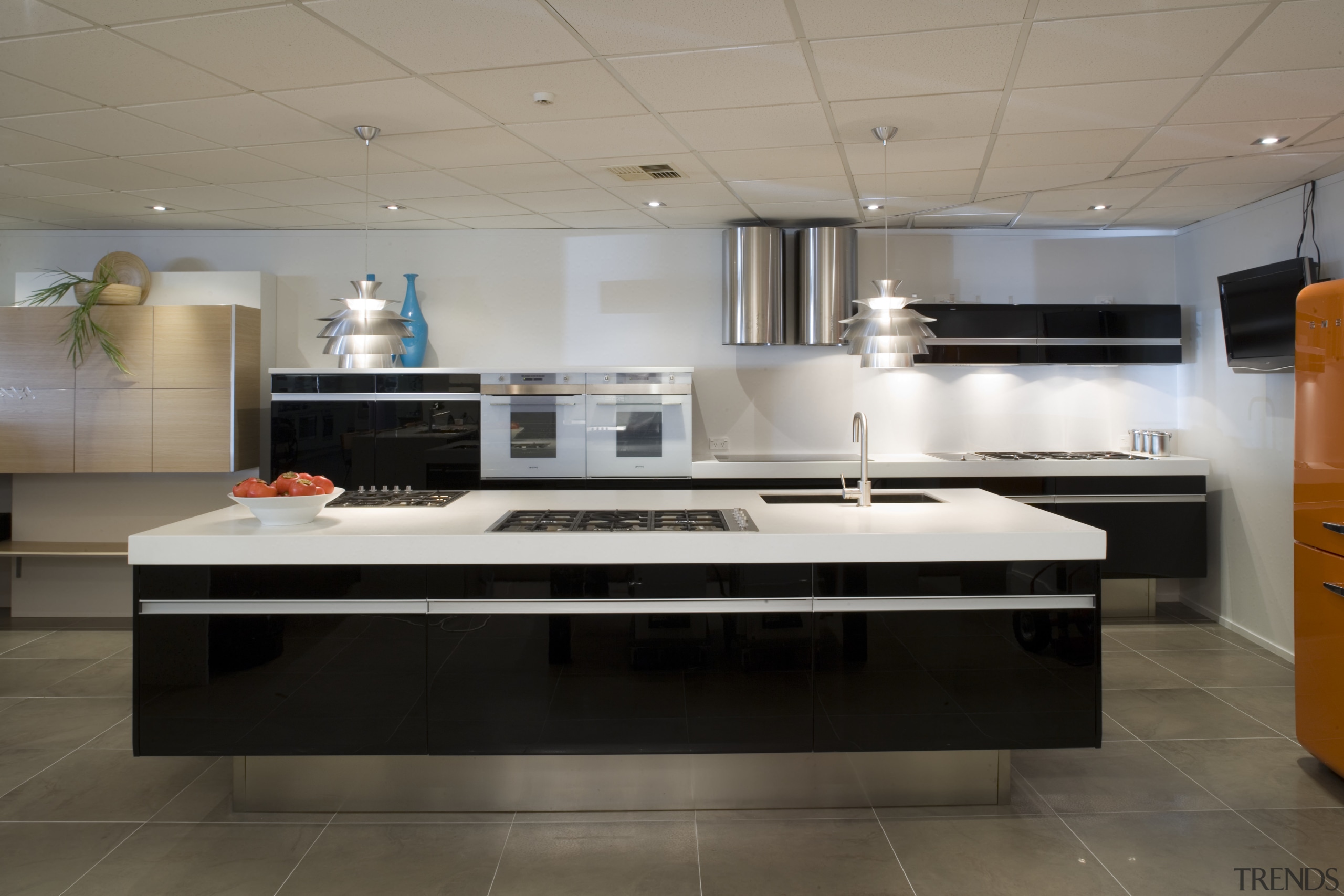 A view of the latest Smeg kitchen appliances countertop, floor, flooring, interior design, kitchen, gray