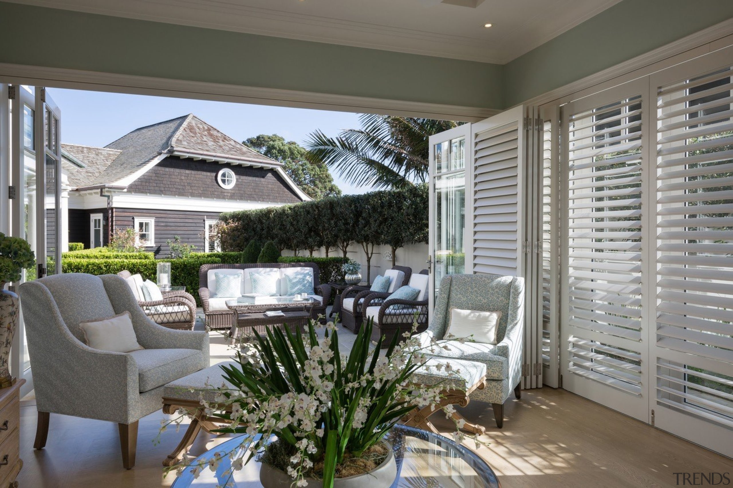 Living area - Living area - backyard | backyard, estate, home, house, interior design, living room, outdoor structure, patio, porch, real estate, window, window covering, window treatment, gray