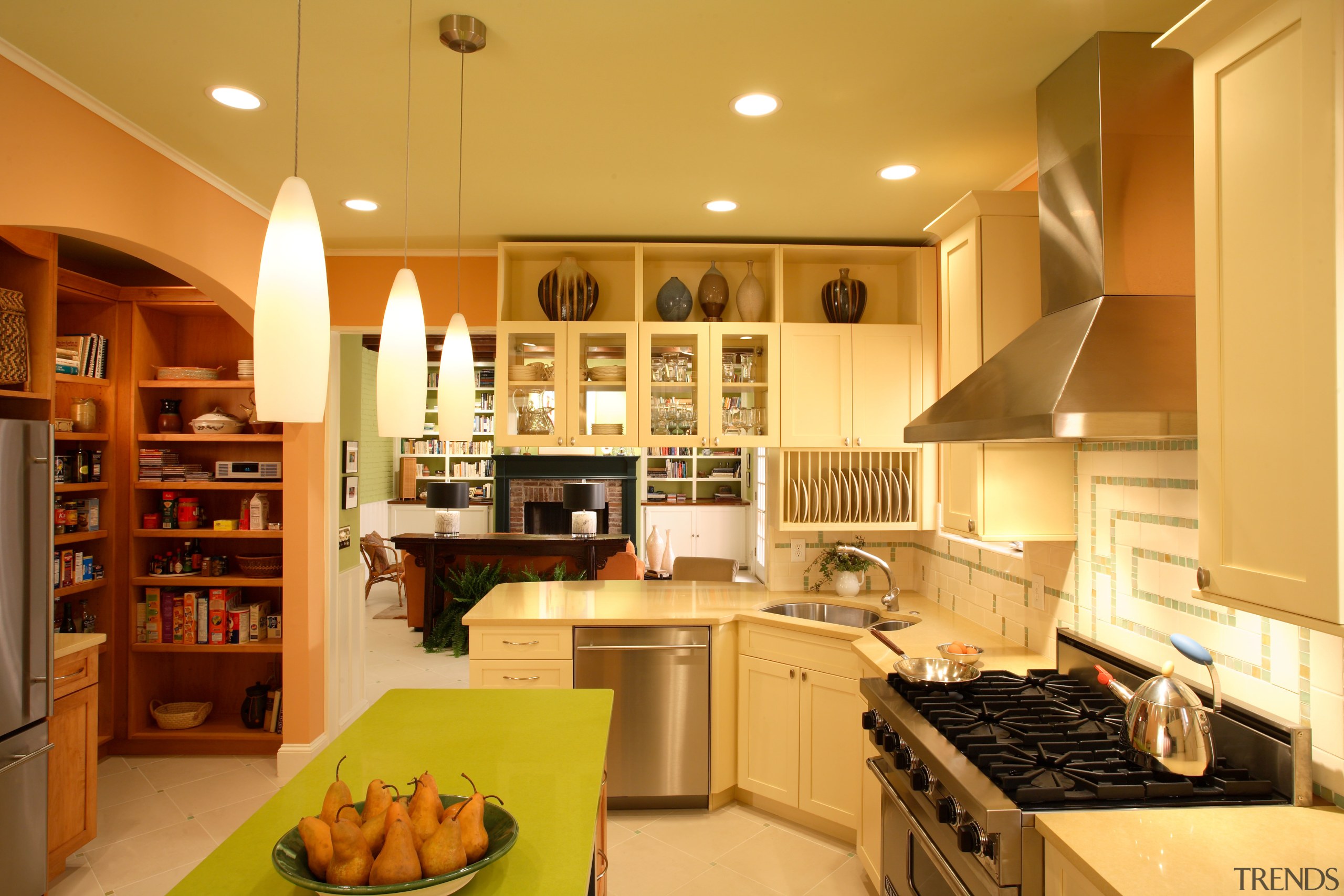Light timber kitchen stainless appliances - Light timber cabinetry, countertop, interior design, kitchen, room, orange, brown