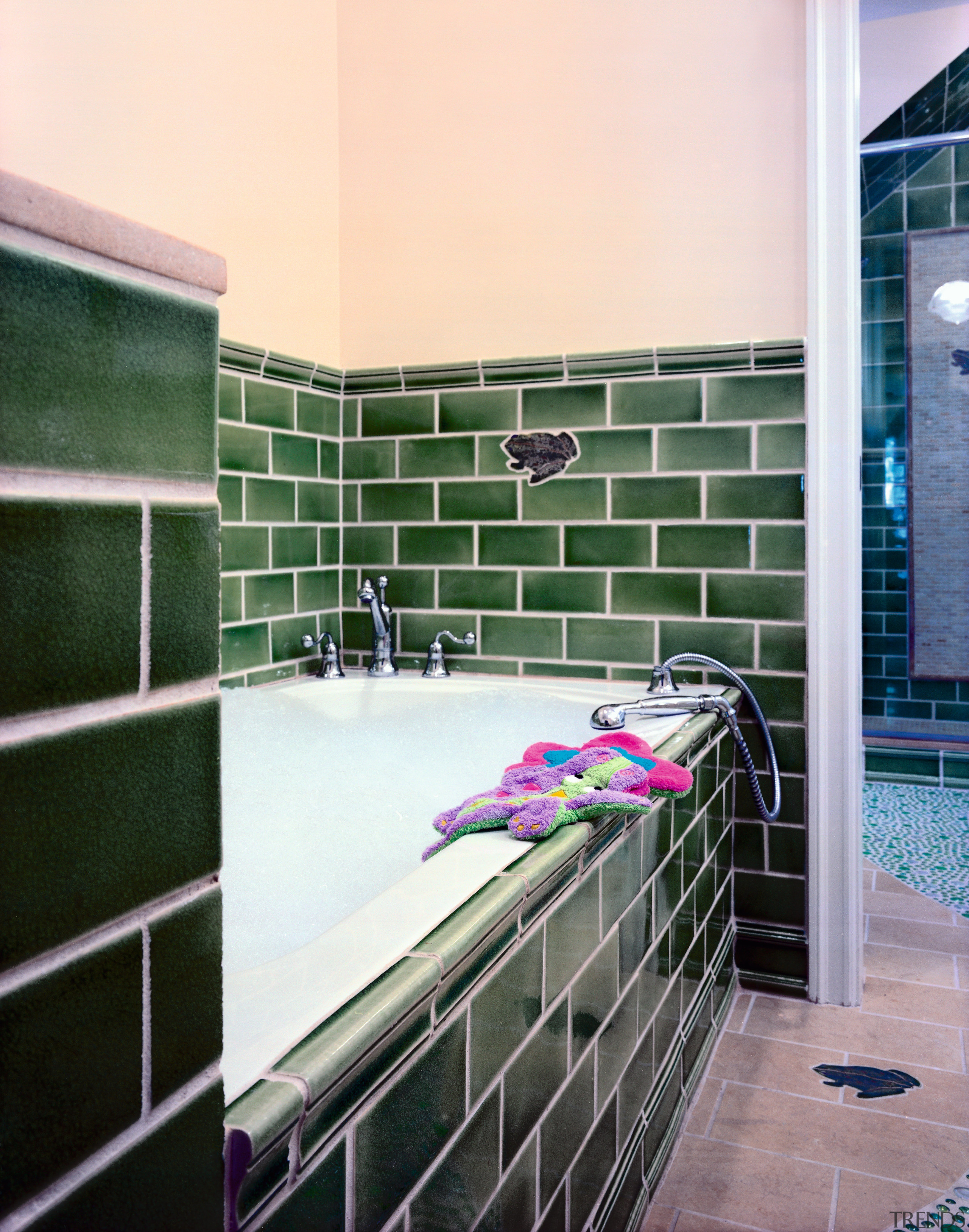 view of this bathroom featuring green glazed tiled architecture, bathroom, floor, flooring, glass, interior design, room, tile, wall, white