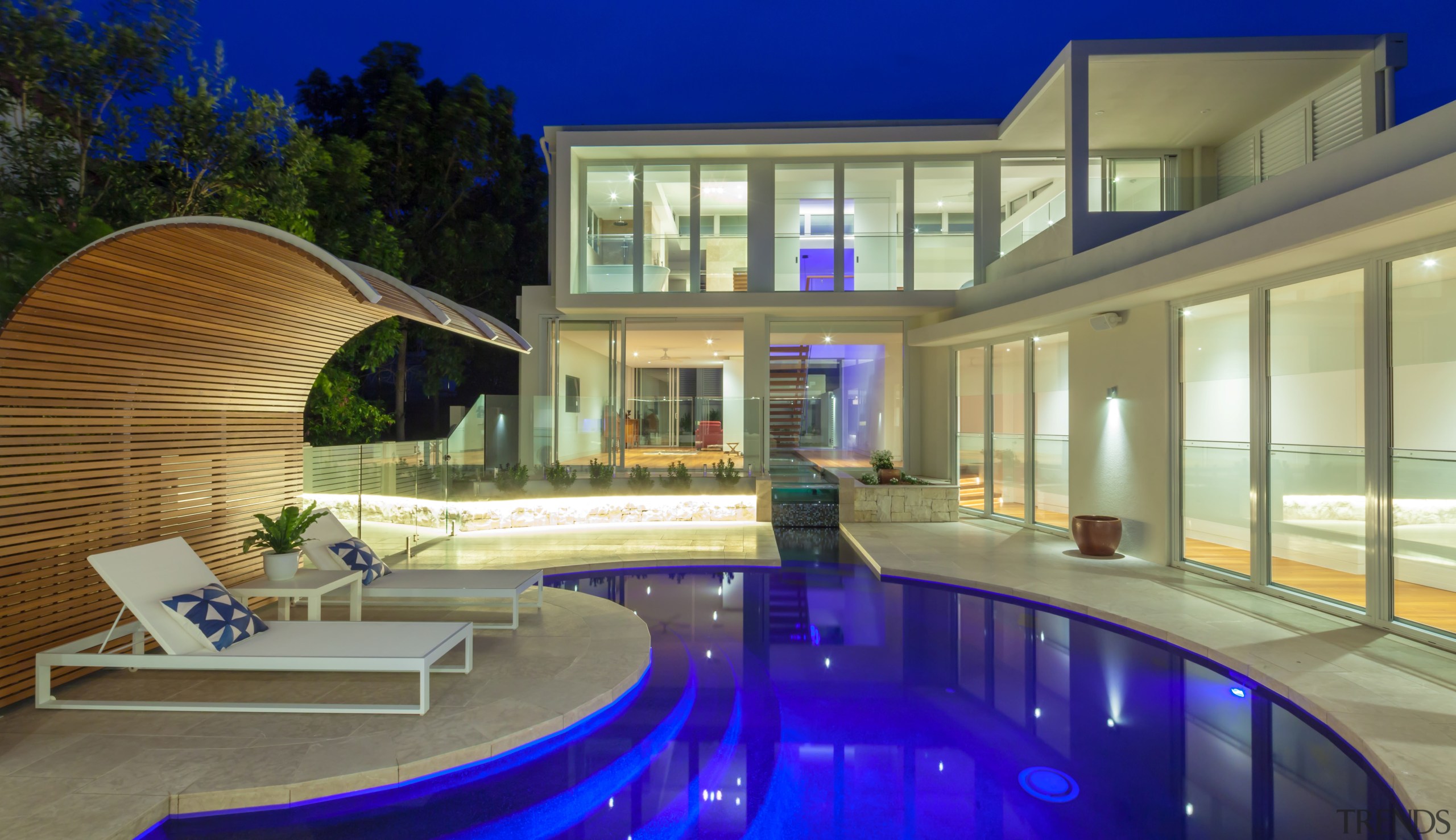 Light-filled and modern, White Stone House by Chris apartment, architecture, condominium, estate, home, hotel, house, interior design, leisure centre, lighting, mixed use, property, real estate, residential area, swimming pool, villa, brown, blue