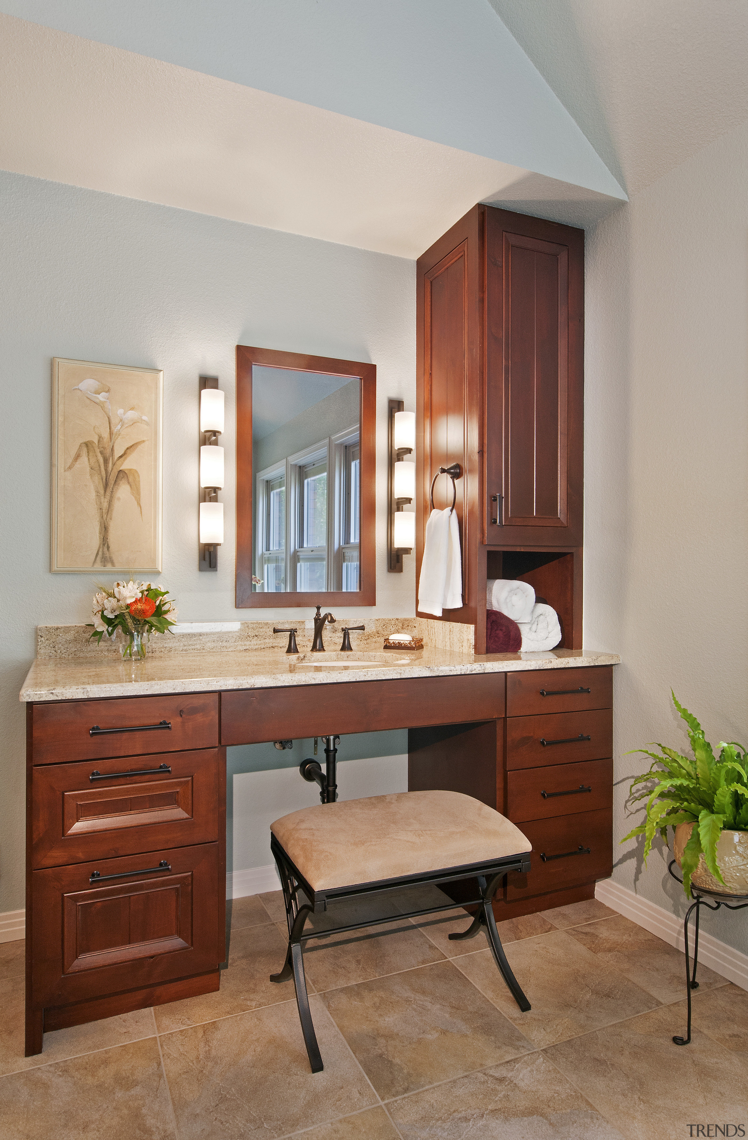 One of the vanities in this remodeled bathroom cabinetry, chest of drawers, countertop, cuisine classique, floor, furniture, home, interior design, kitchen, room, table, gray