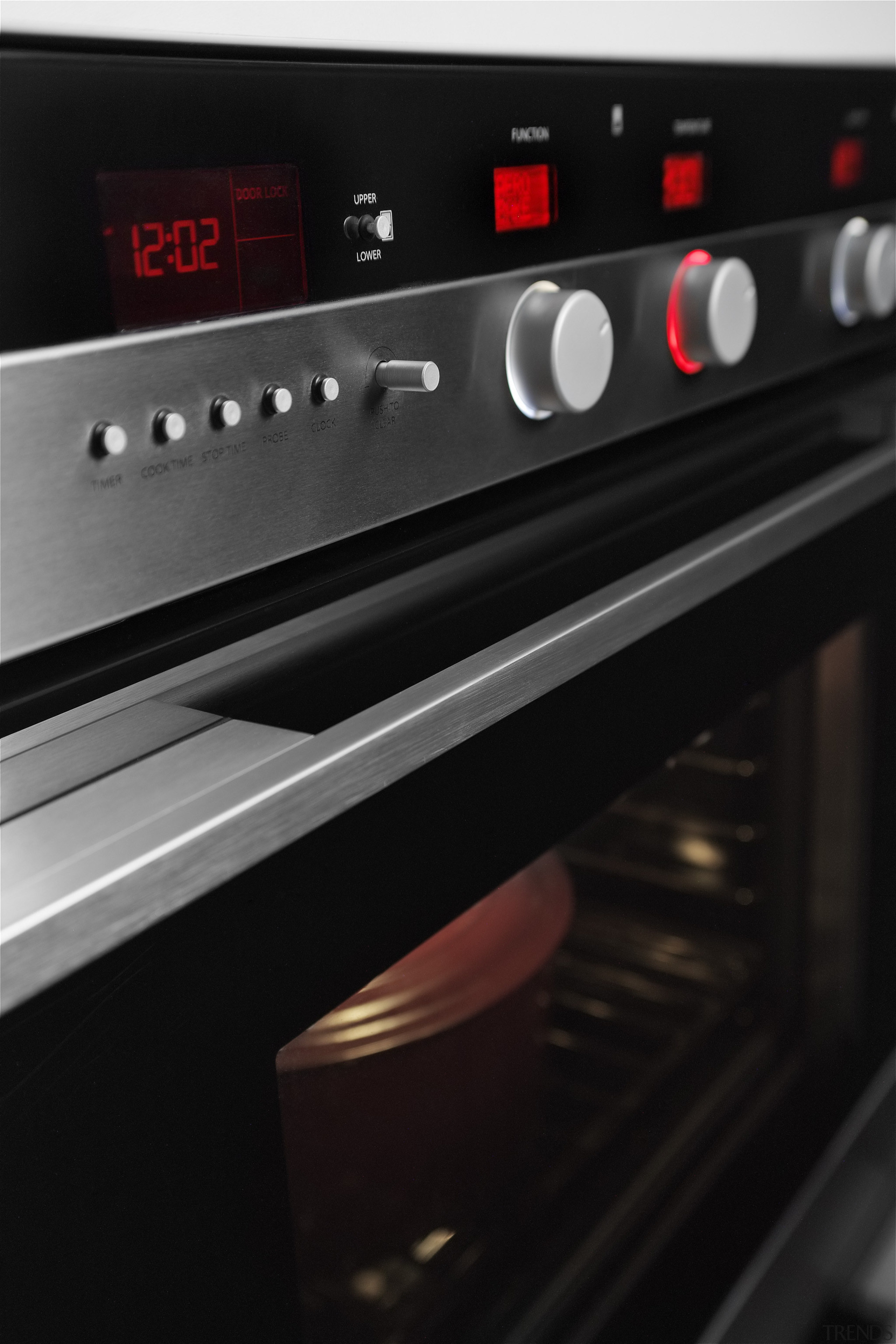 This 30-inch stainless steel oven features an intelligent electronic instrument, electronics, gas stove, home appliance, kitchen appliance, kitchen stove, major appliance, musical instrument accessory, oven, black