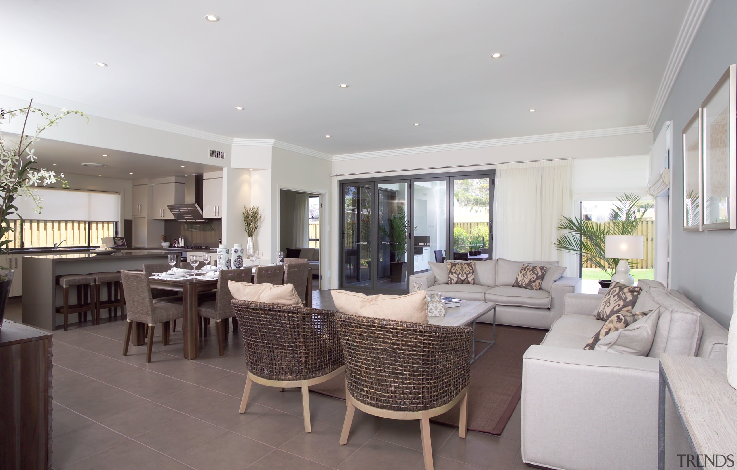 view of the open-plan living area in a ceiling, floor, flooring, interior design, living room, property, real estate, gray