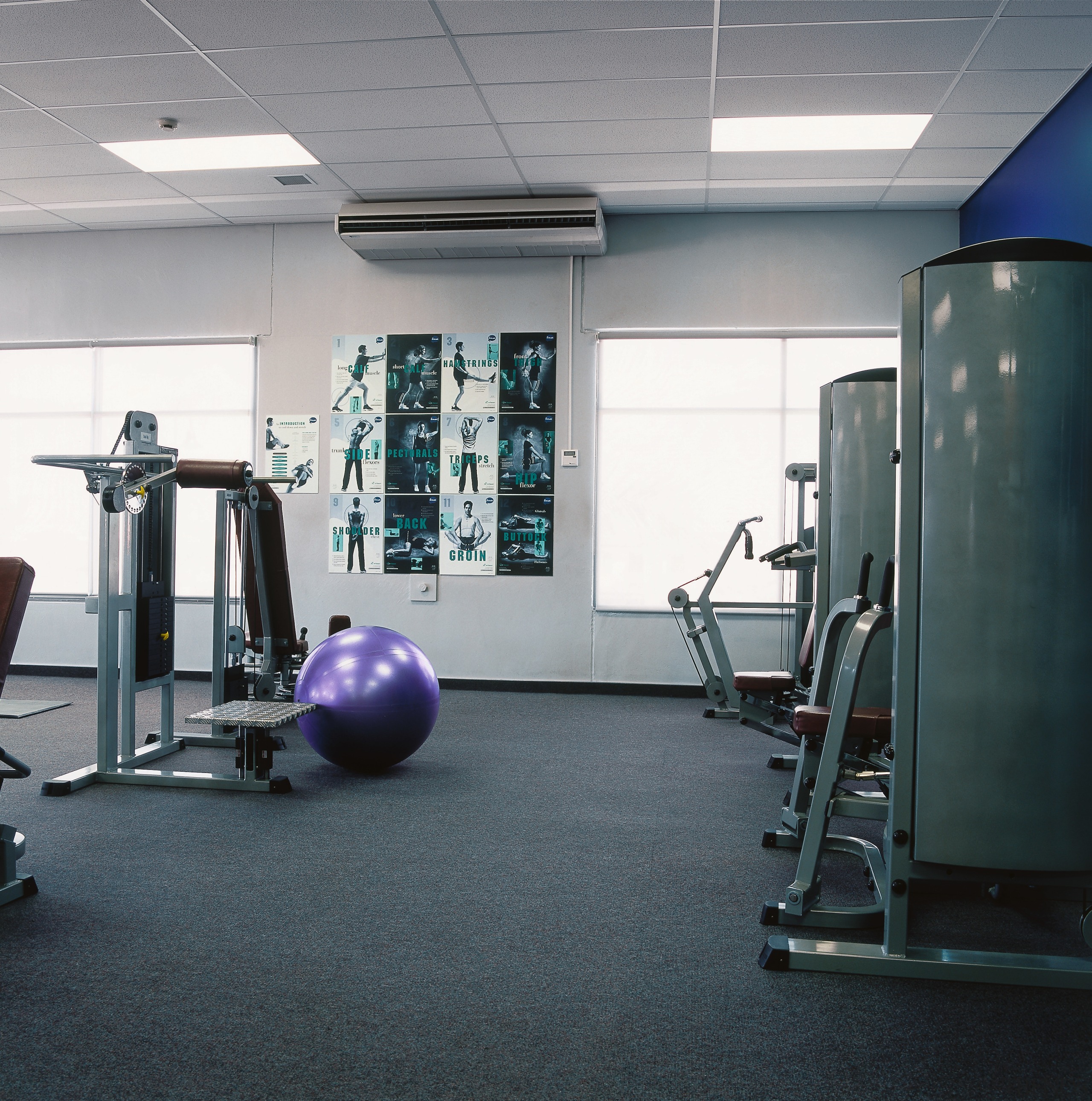 View of gym with white and blue walls, exercise equipment, floor, flooring, gym, physical fitness, room, sport venue, structure, gray, black