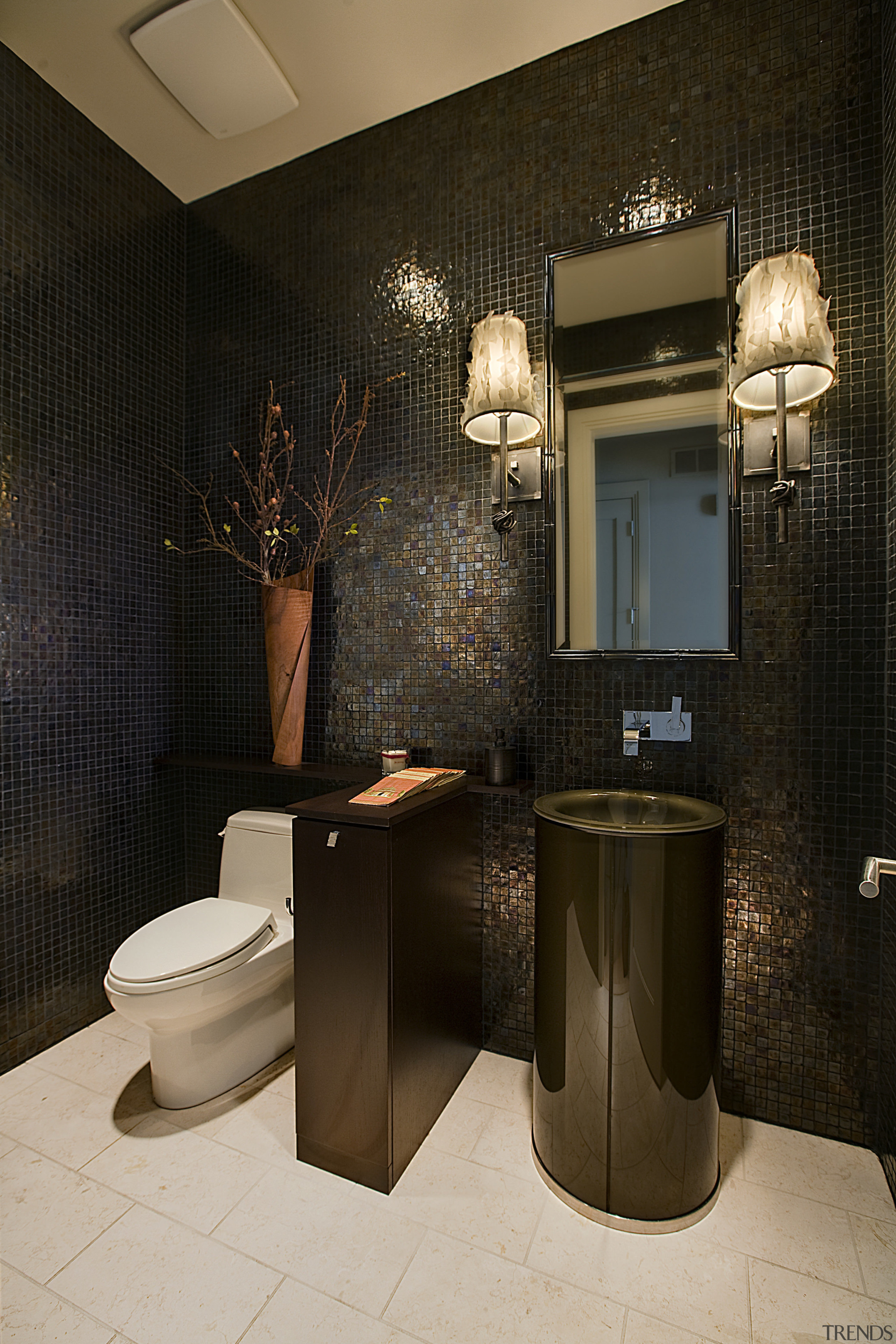 All four walls in this powder room by bathroom, interior design, plumbing fixture, public toilet, room, tile, black