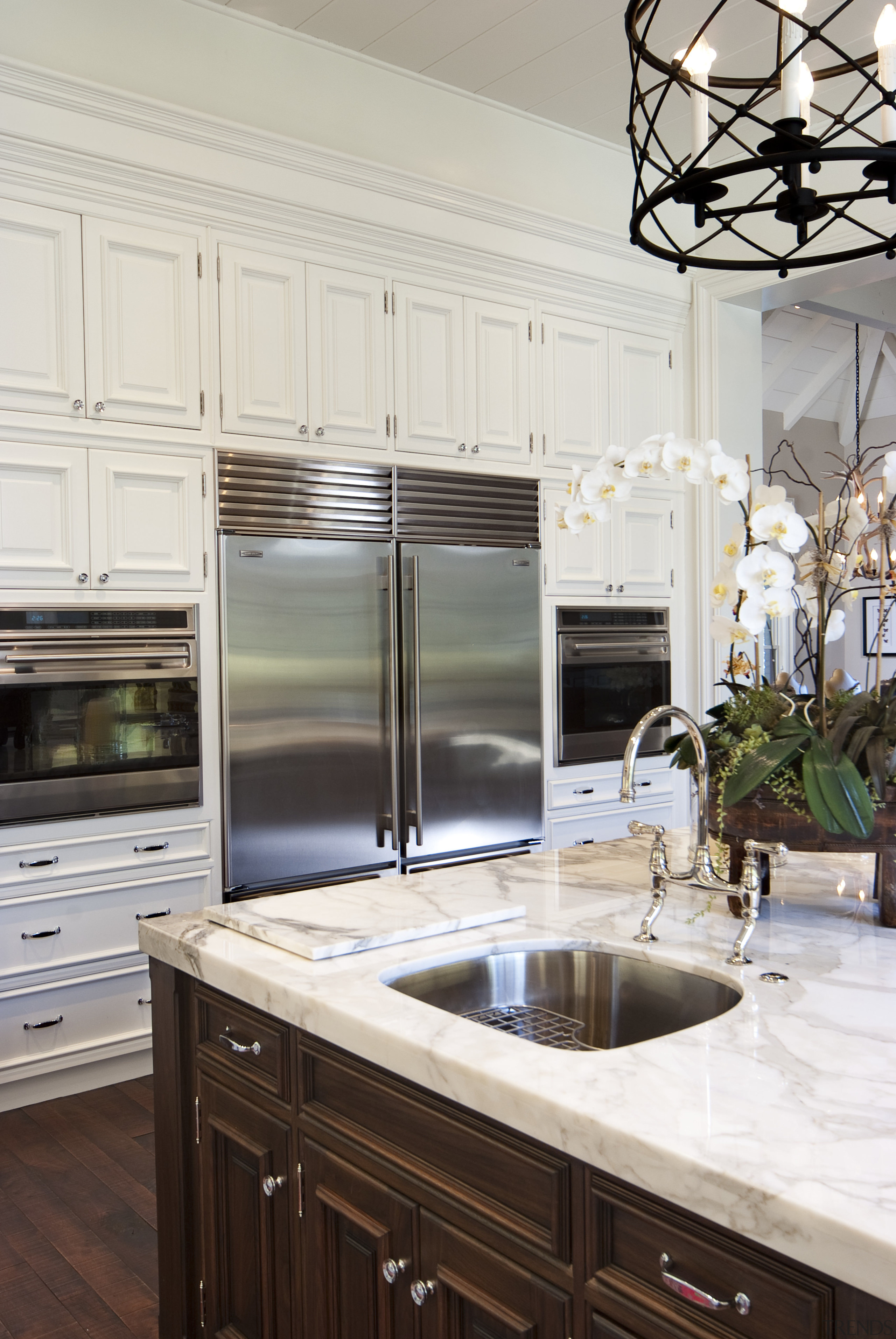 sink in island, wooden panelled cabinets, twin ovens, cabinetry, countertop, cuisine classique, home, interior design, kitchen, room, white