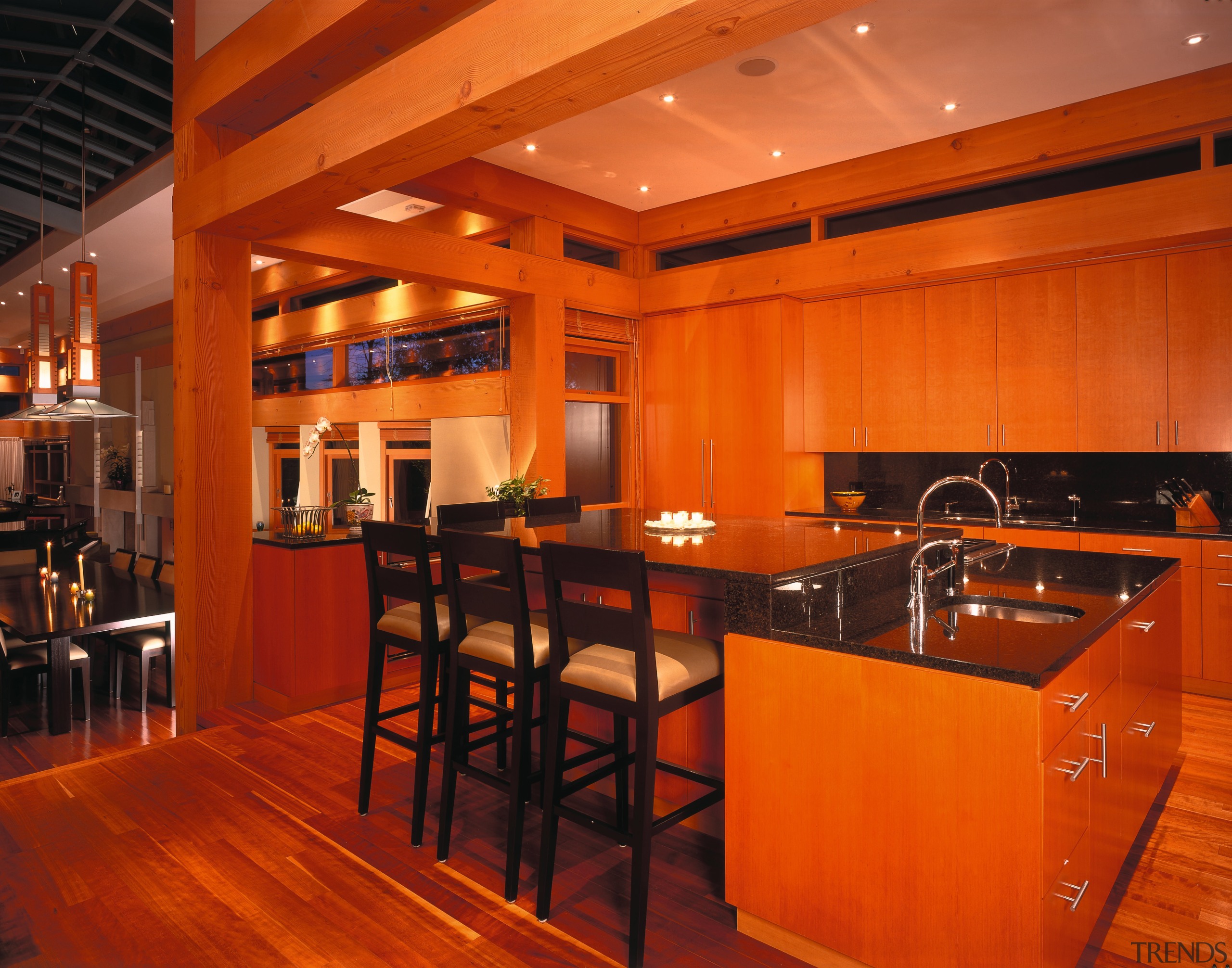 view of the kitchen are featuring timber flooring, ceiling, countertop, flooring, interior design, kitchen, restaurant, table, wood, red